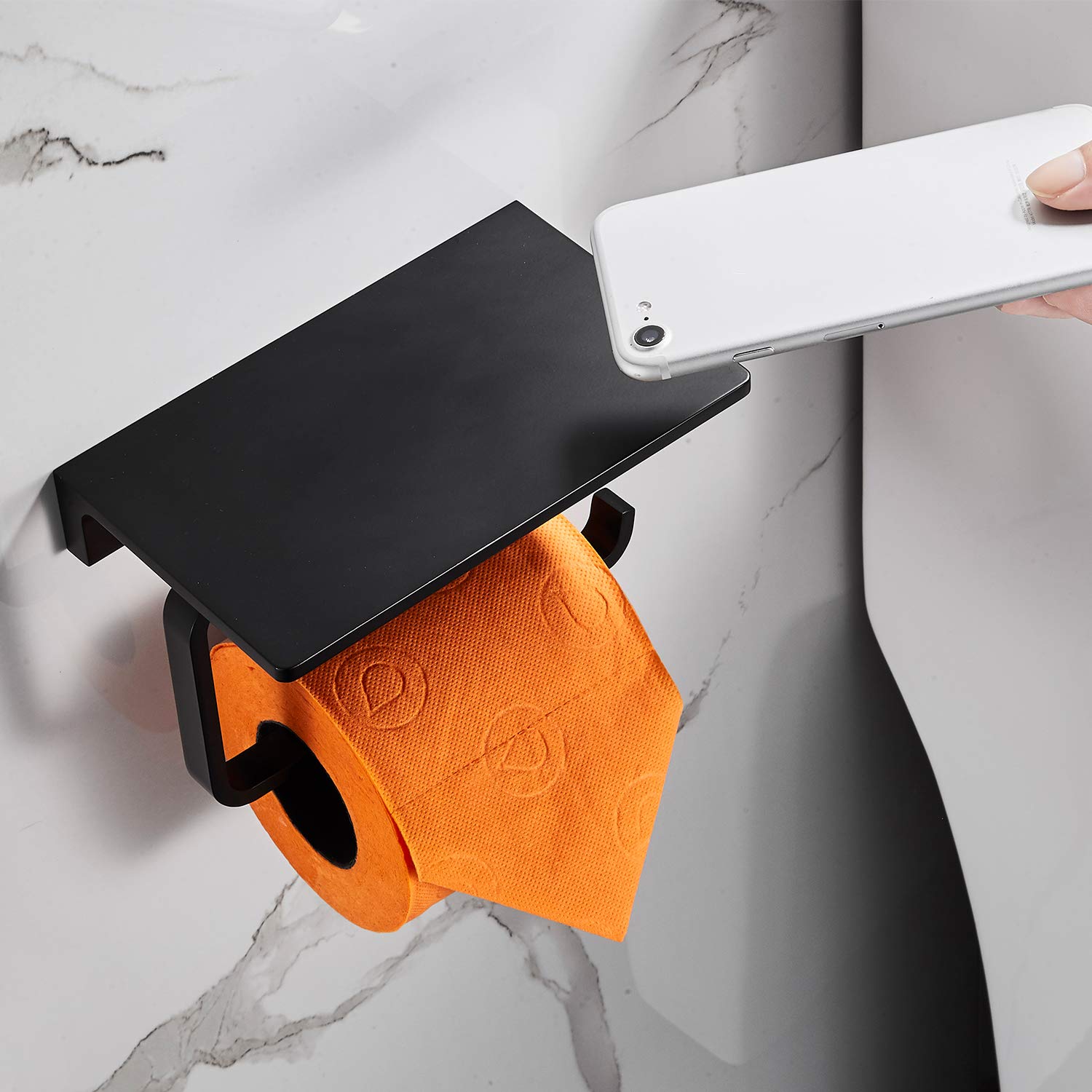 Premium Matte Black Toilet Paper Holder - Solid Brass Bathroom Tissue Roll Holder with Phone Storage | Hotel Style Design for Modern Bathrooms, Powder Rooms & Guest Baths