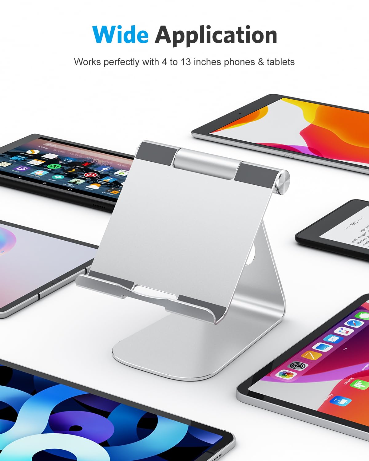 OMOTON Adjustable Aluminum Tablet Stand Holder - Universal Tablet Dock for iPad Air/Mini/Pro 11/12.9/13, Samsung Galaxy Tab & More (Up to 13 inch) - Silver | Perfect for Home Office, Bedside Viewing & Kitchen Recipe Reading