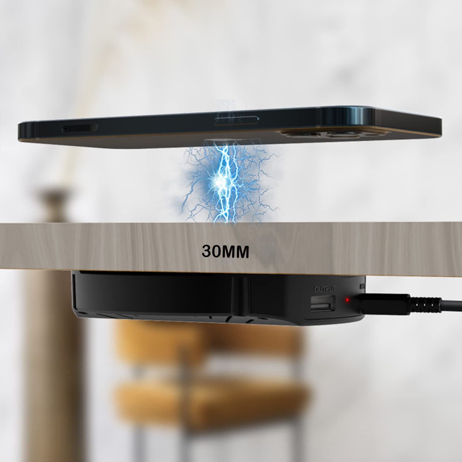 30MM Long Distance Invisible Wireless Charger - 10W QI Fast Charging Pad for iPhone & Galaxy - Hidden Under Desk, Coffee Table, or Furniture - Perfect for Home, Office & Cafe Use
