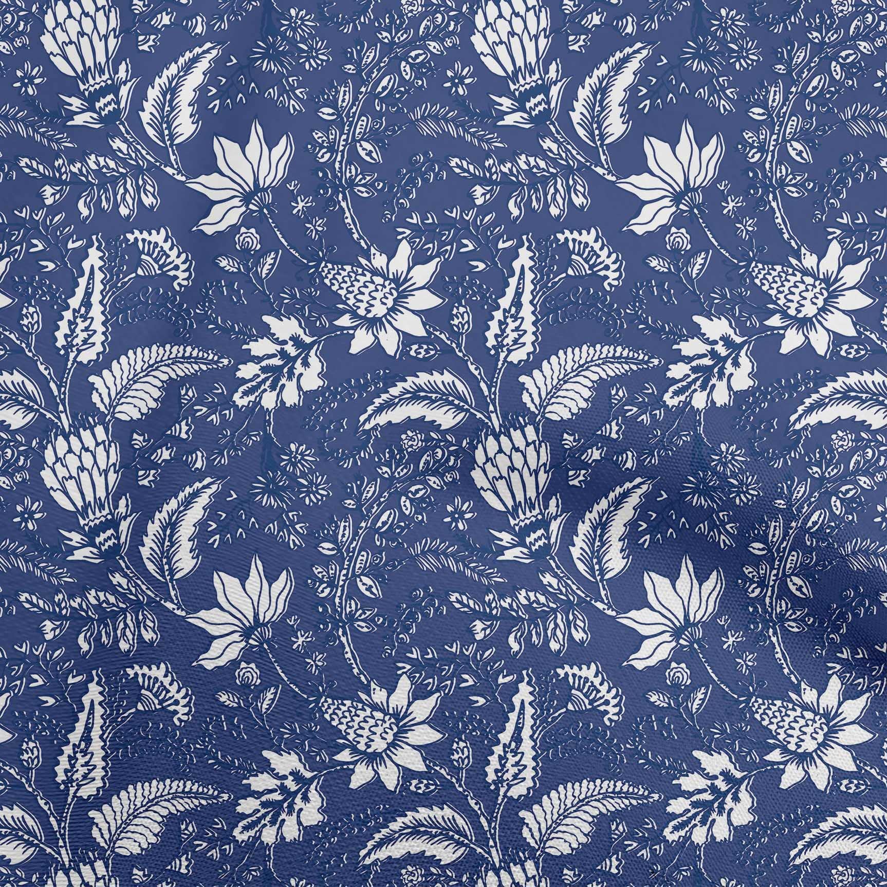 oneOone Polyester Spandex Dark Blue Jacobean Floral Printed Fabric - 56 Inch Wide Sewing Material for Dresses, Curtains & DIY Crafts | Premium Stretch Fabric by The Yard