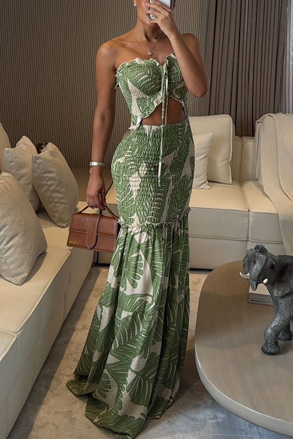 Vivica Floral Smocked Cutout Halter Fishtail Stretch Maxi Dress - Elegant Summer Beach Wedding Guest Dress for Women