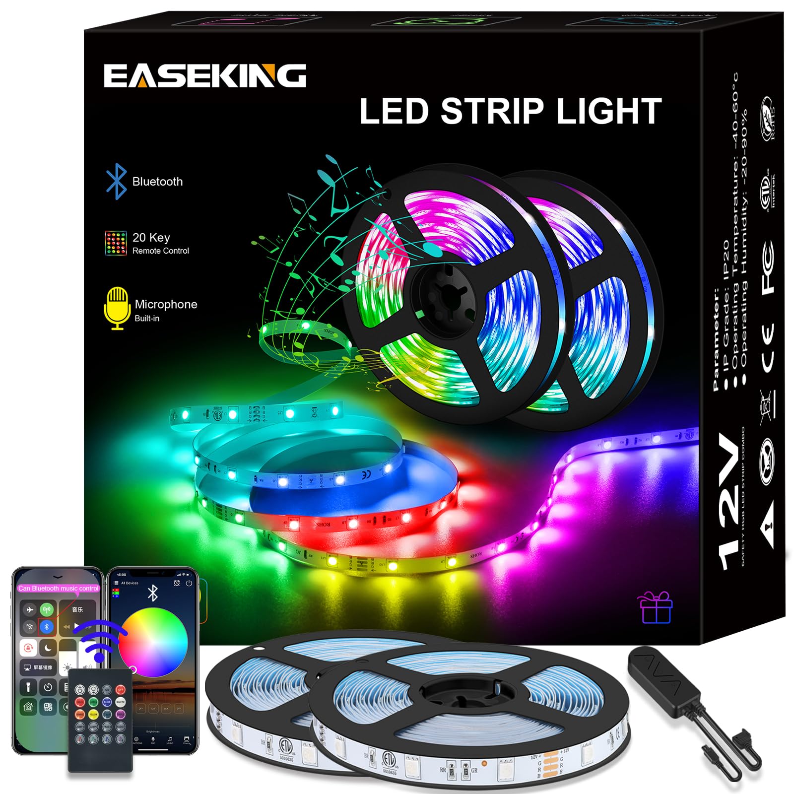 Easeking 32.8ft Bluetooth LED Strip Lights (2x16.4ft) - 300 LEDs Smart RGB Light Strips with App & Remote Control, Music Sync for Bedroom, Home Decor, Gaming Setup & Party Lighting