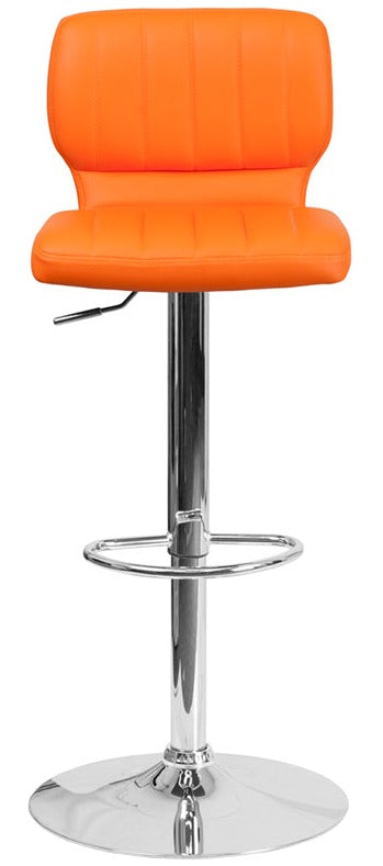 FLASH Jeremy Contemporary Orange Vinyl Adjustable Height Bar Stool with Vertical Stitch Back & Chrome Base - Modern Kitchen Island & Home Bar Seating