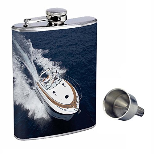 8oz Stainless Steel Whiskey Flask with Free Funnel - Leakproof Speed Boat Design for Outdoor, Camping & Travel - Gift for Men