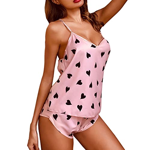 Women's Sexy Lingerie Sleepwear Set - Heart Printed Satin Pajama Cami & Shorts for Valentine's Nightwear & Romantic Evenings