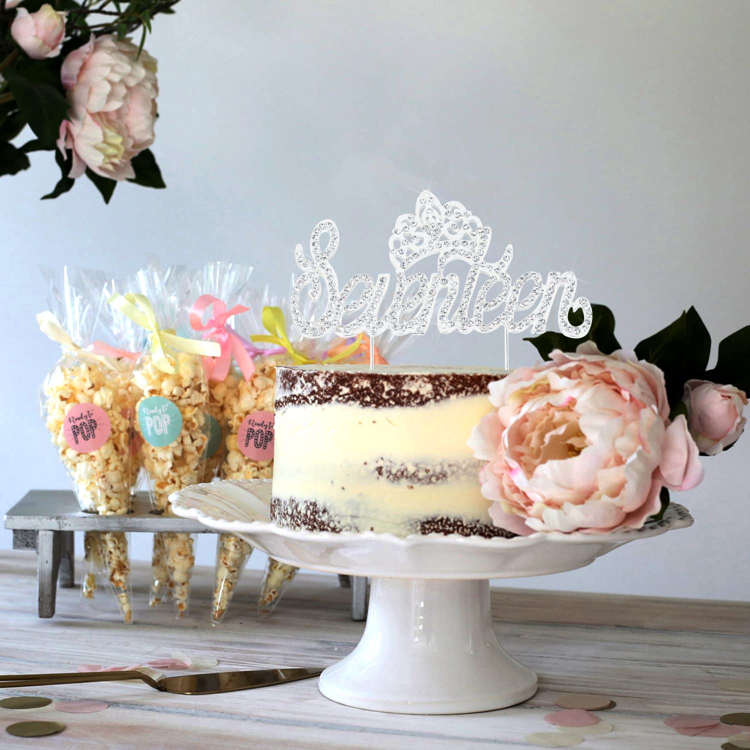 LINGTEER 17th Birthday Cake Topper with Silver Crystal Crown - Bling Rhinestone Party Decor for Sweet 17 Celebrations | Perfect for Quinceañera, Milestone Birthdays & Teenager Parties