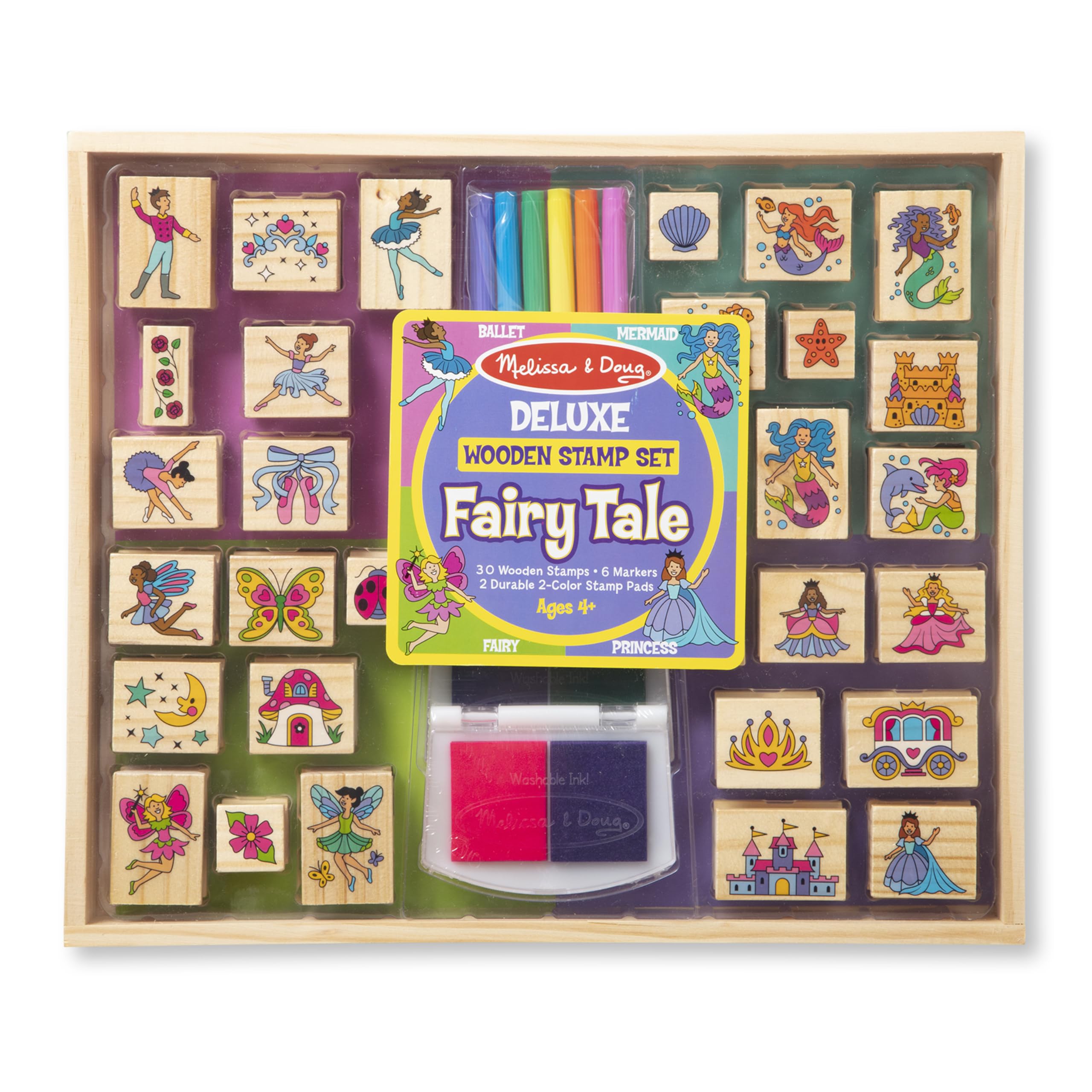 Melissa & Doug Deluxe Wooden Fairy Tale Stamp & Coloring Set for Kids - 30 Stamps, 6 Washable Markers, 2 Dual-Color Ink Pads - Creative Art Activity for Storytelling, DIY Cards & Scrapbooking