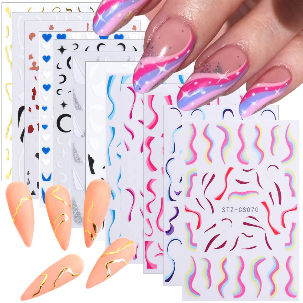 12 Sheets French Nail Art Stickers - 3D Self-Adhesive Colorful Wavy Line Nail Decals for Women & Girls - DIY Manicure Accessories for Home, Salon & Party Nail Designs