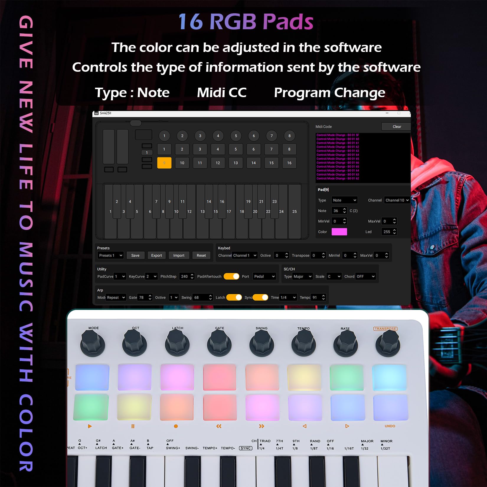 25-Key Backlit Drum Pad MIDI Keyboard Controller – Professional Beat Maker & Keytar for Music Production with Wireless Connectivity & Built-in Battery (White) | Perfect for Studio Recording, Live Performances & DJ Sets