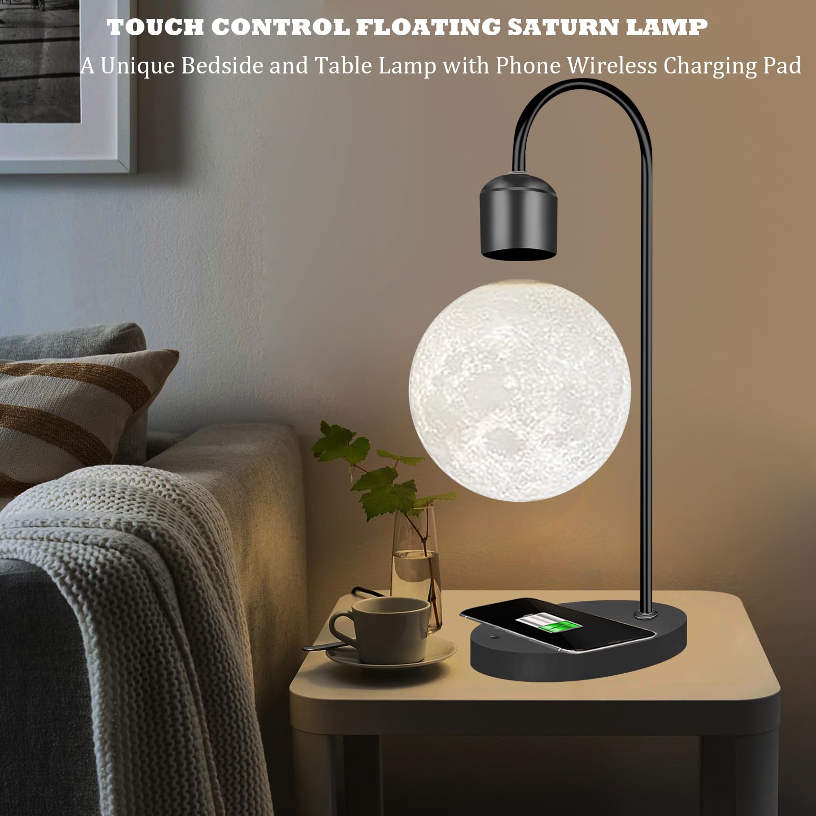 Zero Gravity Floating Moon Lamp - Magnetic Levitating LED Night Light with Wireless Charging Pad, Black Plastic Desk Decor for Home, Office & Gifts | Bedroom, Living Room, Nursery Night Light