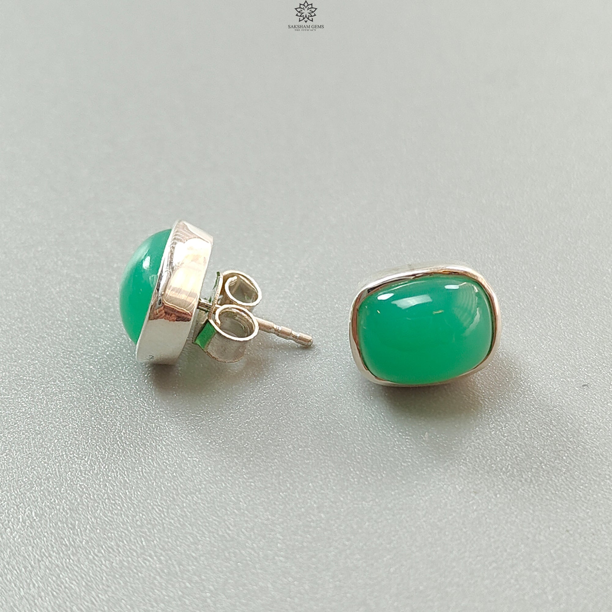 Natural Green Chrysoprase Cabochon Silver Stud Earrings - 925 Sterling Silver Bezel Set Push Back Earrings, 3.61g Cushion Cut Gemstone Jewelry for Women - Perfect for Everyday Wear, Office & Special Occasions