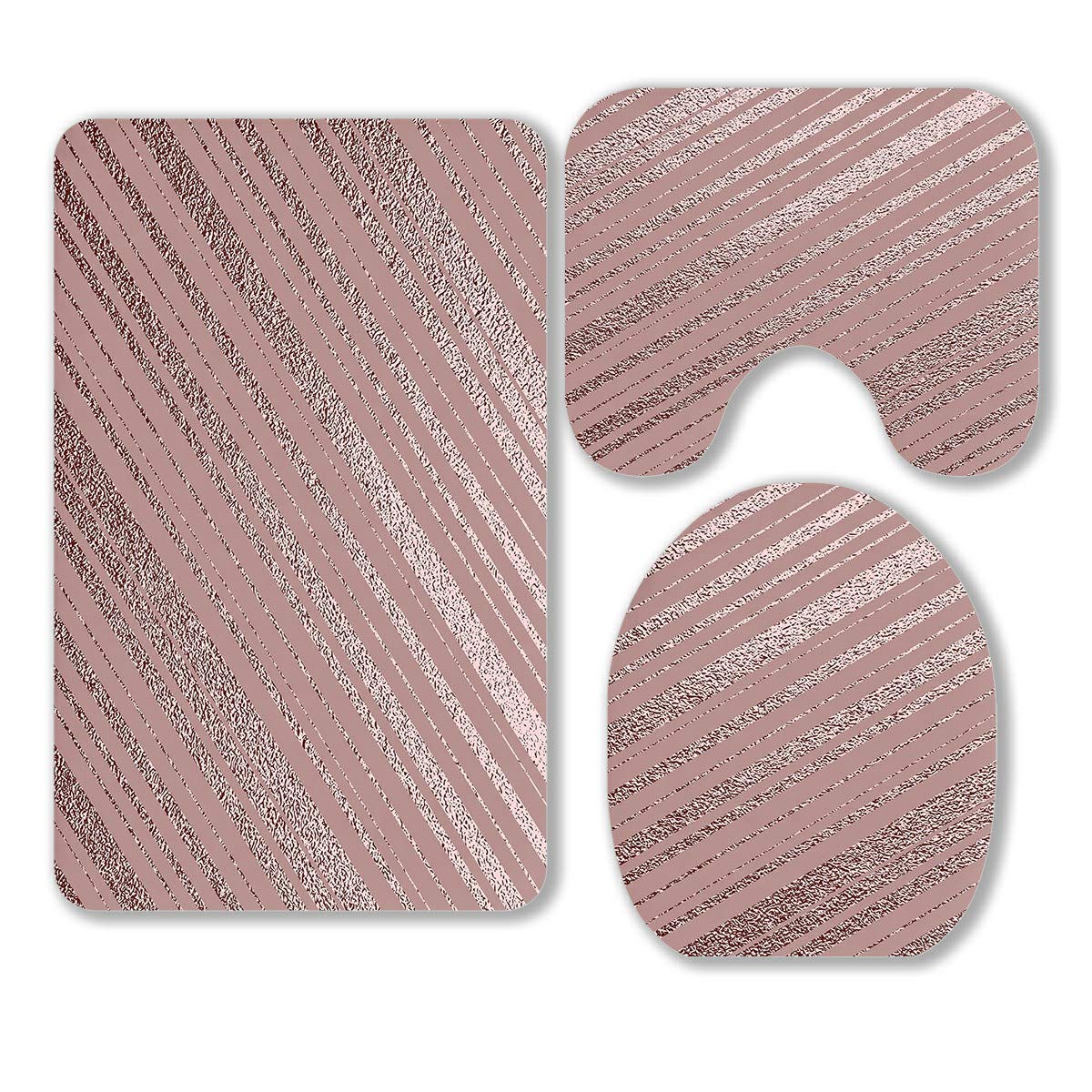 Luxury Rose Quartz Bathroom Rug Set - 3 Piece Non-Slip Bath Mat, Contour Mat & Toilet Cover with Gold Pink Floral Pattern for Bathroom Decor, Spa Style Home Upgrade