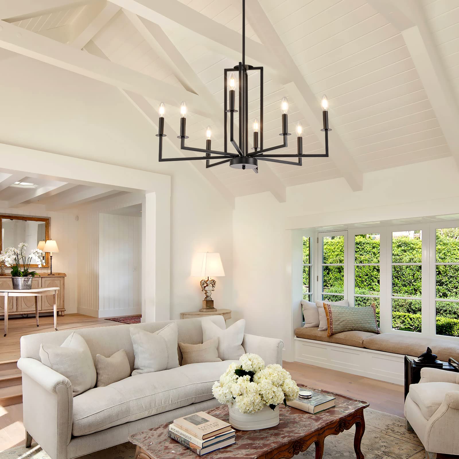 Modern Farmhouse Chandelier Black - 8-Light Dining Room Chandelier with Metal Frame for Farmhouse, Living Room, Bedroom, Staircase, Foyer & Entryway - Perfect for Rustic Home Decor, Wedding Venues and Cozy Dining Spaces