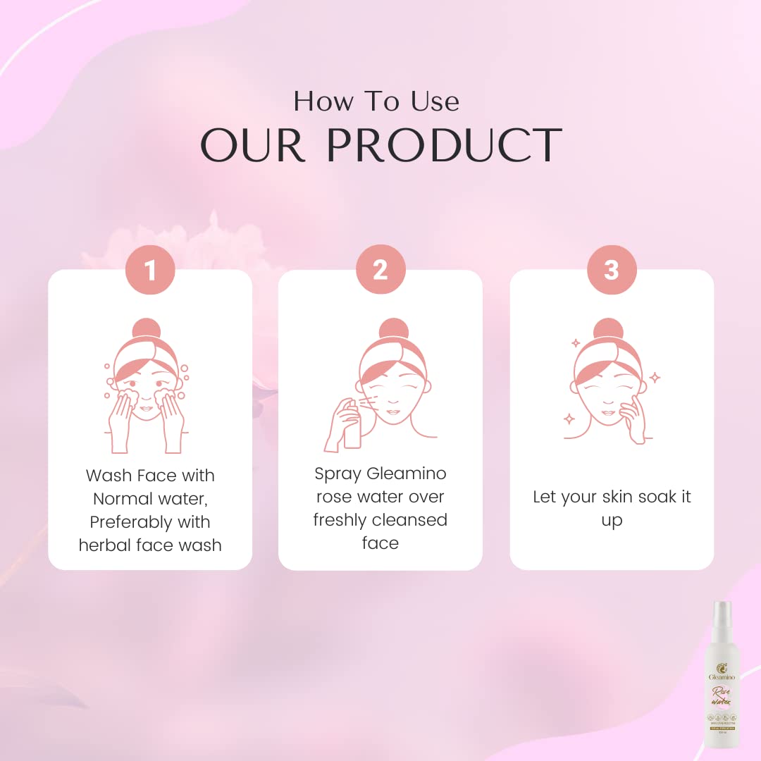 Gleamino Organic & Natural Rose Water Facial Mist - Hydrating Toner for Face, Body & Hair Care | Perfect for Skincare Routine, Makeup Setting & Hair Refresh