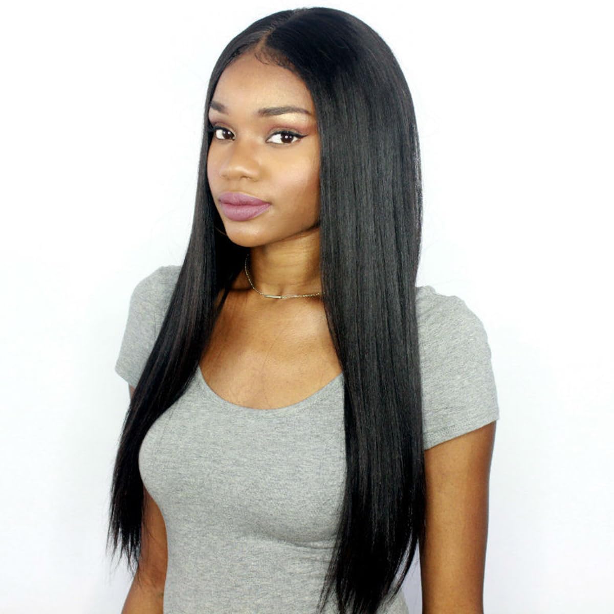 Premier Light Yaki Straight 360 Lace Front Wig - 150% Density Glueless Human Hair Wig with Pre-Plucked Natural Hairline & Baby Hair | 12