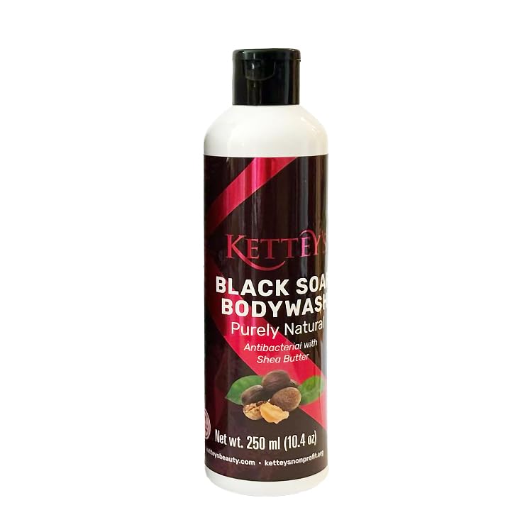 KETTEY'S Organic Black Soap Body Wash for Acne & Dark Spots - 8.5oz (250ml) - Natural African Shea Butter Cleanser for Sensitive Skin - Perfect for Daily Shower & Post-Workout Skincare Routine