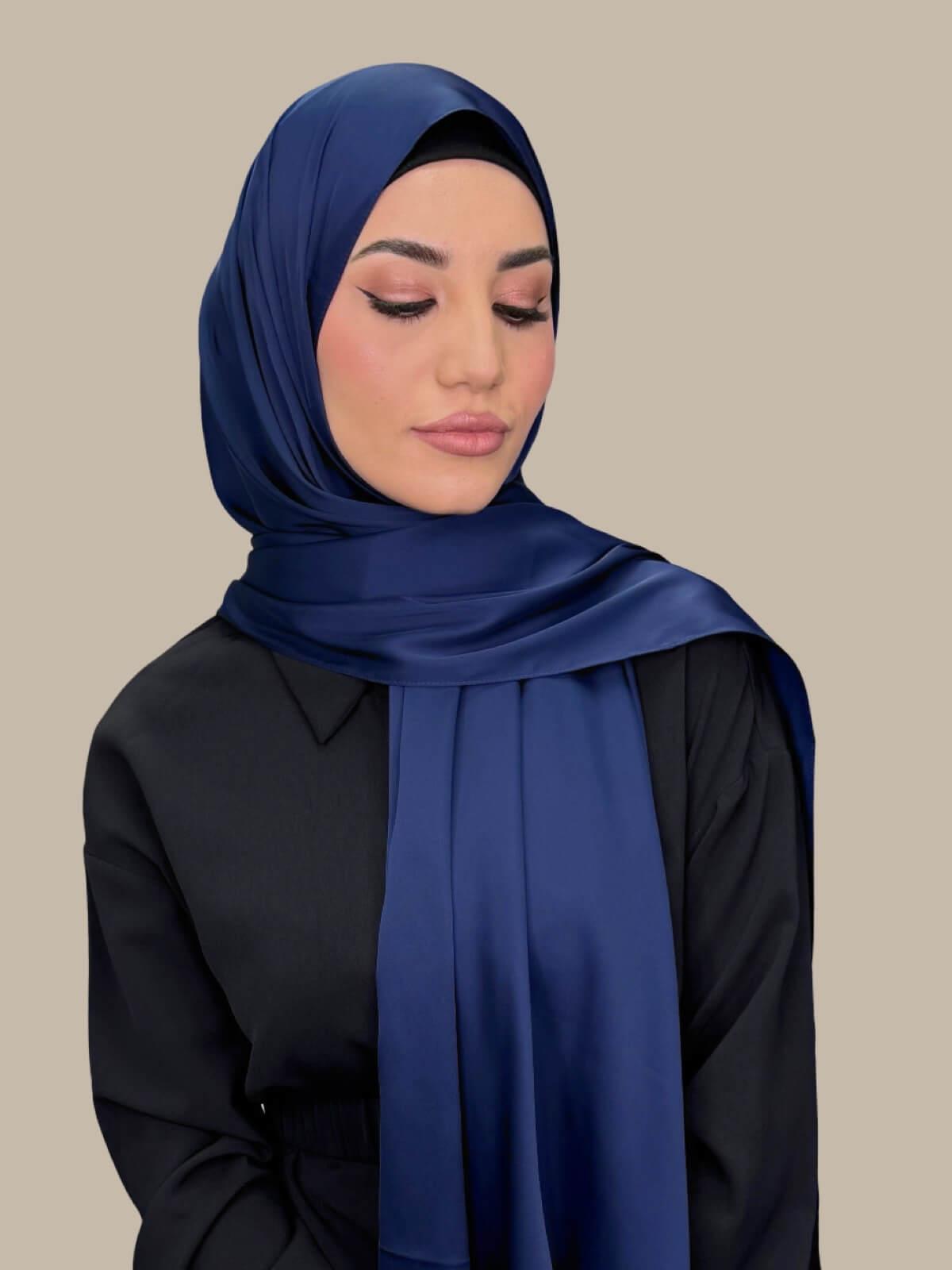 Premium Satin Hijab Scarf - Navy Blue Muslim Headscarf for Women - Perfect for Daily Wear, Prayer & Special Occasions