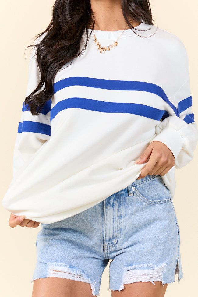 Stylish Oversized Striped Sweatshirt - White & Cobalt Blue | Comfortable Loungewear for Women | Perfect for Casual Outings, Relaxing at Home, and Streetwear Fashion