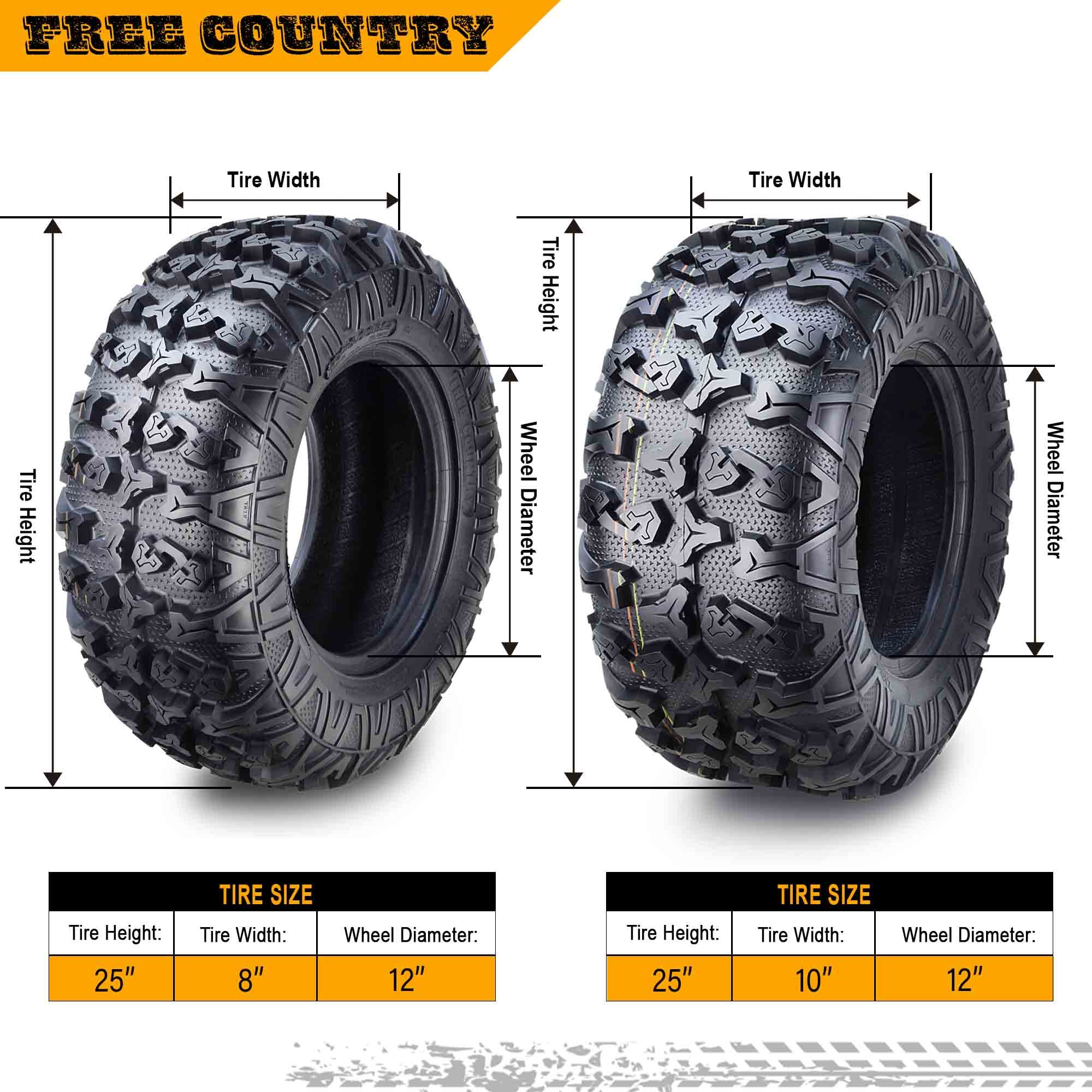 Premium FREE COUNTRY 8PR ATV Tires 25x8x12 & 25x10x12 - Compatible with 2013-2019 John Deere Gator RSX850/860 - All-Terrain Off-Road Performance for Mud, Sand & Trail Riding