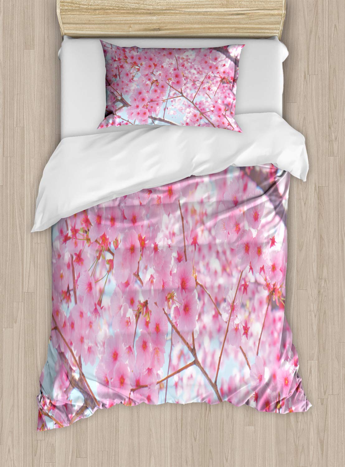 Ambesonne Floral Duvet Cover Set - Japanese Cherry Blossom Design, 2-Pack Cal King Size Pale Pink Bedding with 4 Pillowcases | Nature-Inspired Bloom Pattern for Refreshing Summer Bedroom Decor