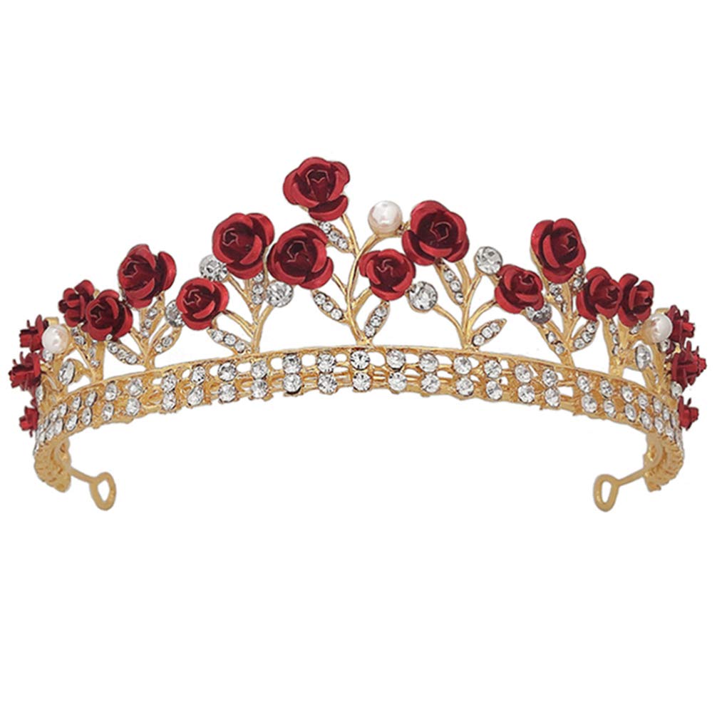 Baroque Rhinestone Wedding Tiara Crown for Women - Red Rose Bridal Headpiece for Birthday Party, Flower Girl, Bride & Special Occasions | Elegant Hair Accessory for Weddings, Prom, Pageants & Photo Shoots