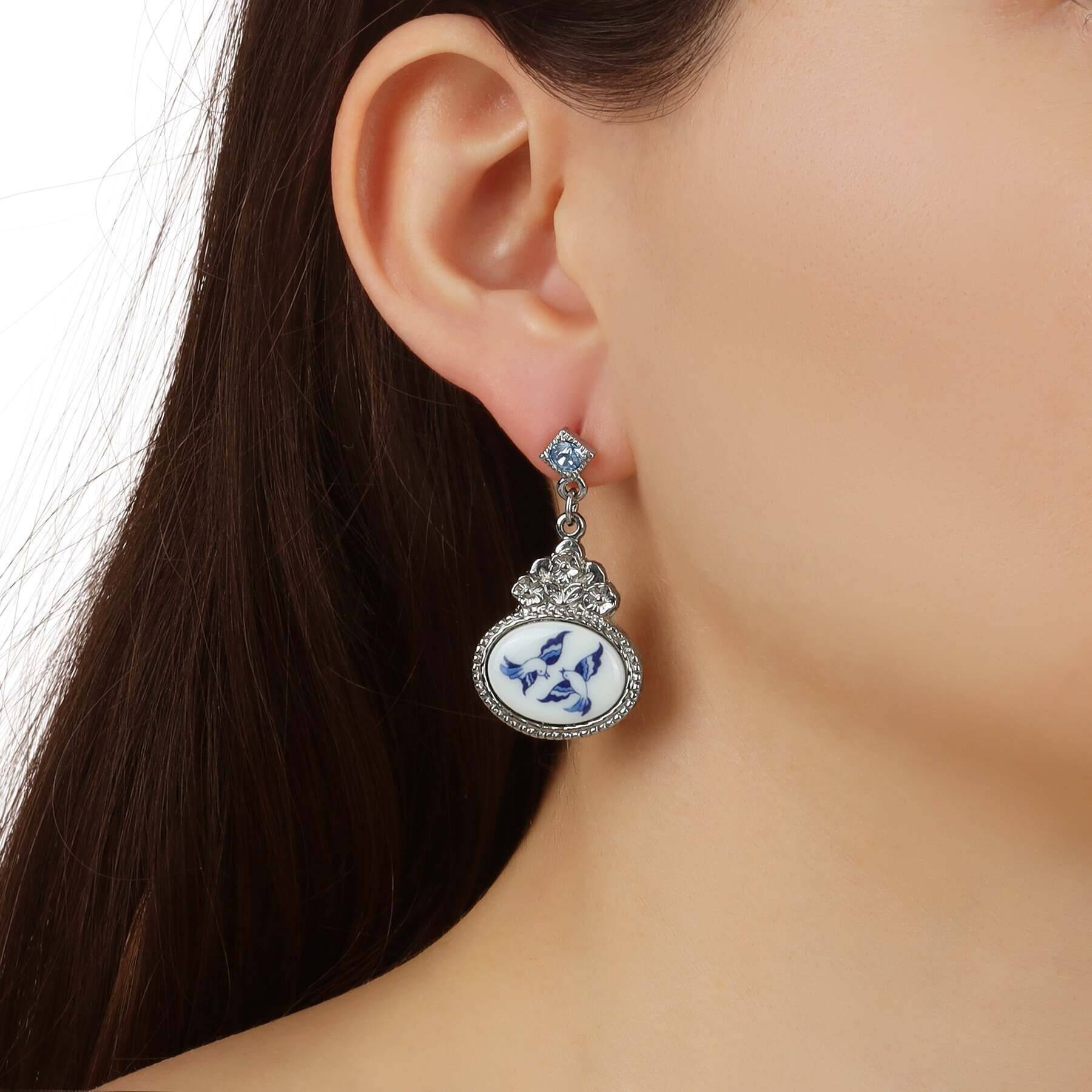 1928 Blue Willow Flower Light Sapphire Crystal Post Drop Earrings for Women - Vintage Style Dangle Earrings for Party, Wedding & Special Occasions
