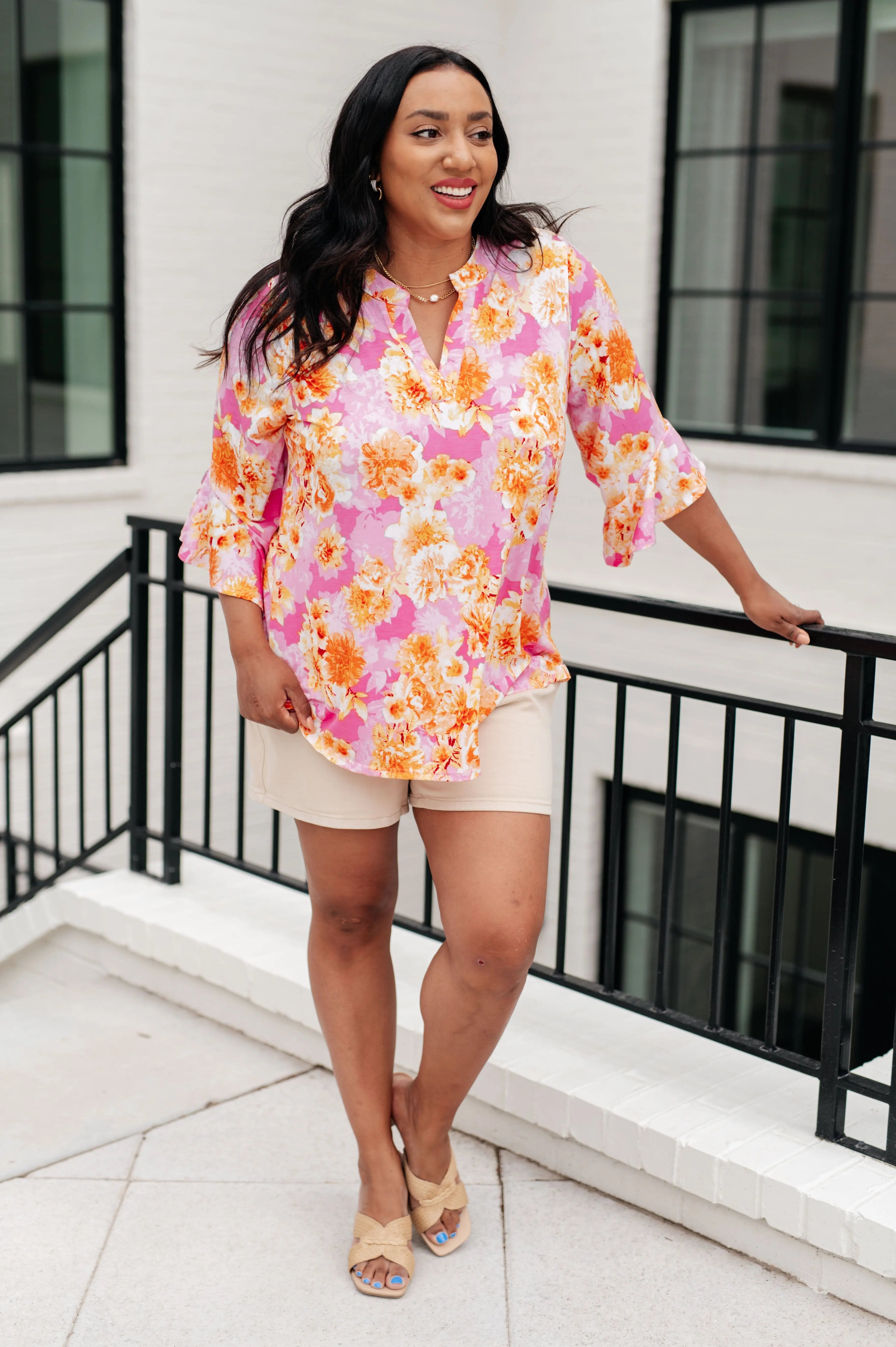 Lizzy Bell Sleeve Blouse - Pink & Gold Floral Print Women's Tops for Casual Wear, Office, and Date Night Outfits