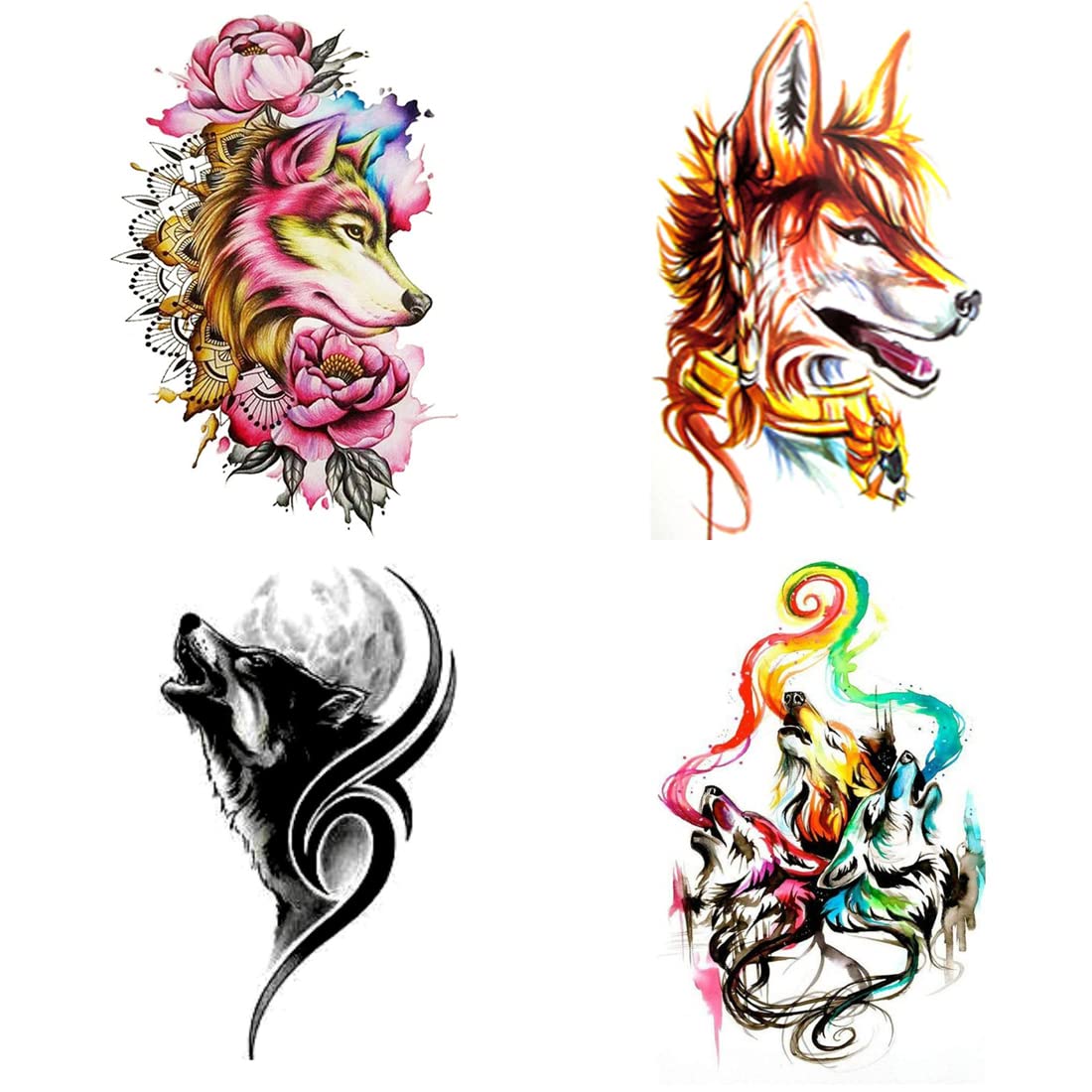 Wolf Dog Tribal Temporary Tattoos - Pack of 4 Multicolor Body Art Stickers for Men & Women (2x4 Inch) - Perfect for Parties, Halloween & Costume Events