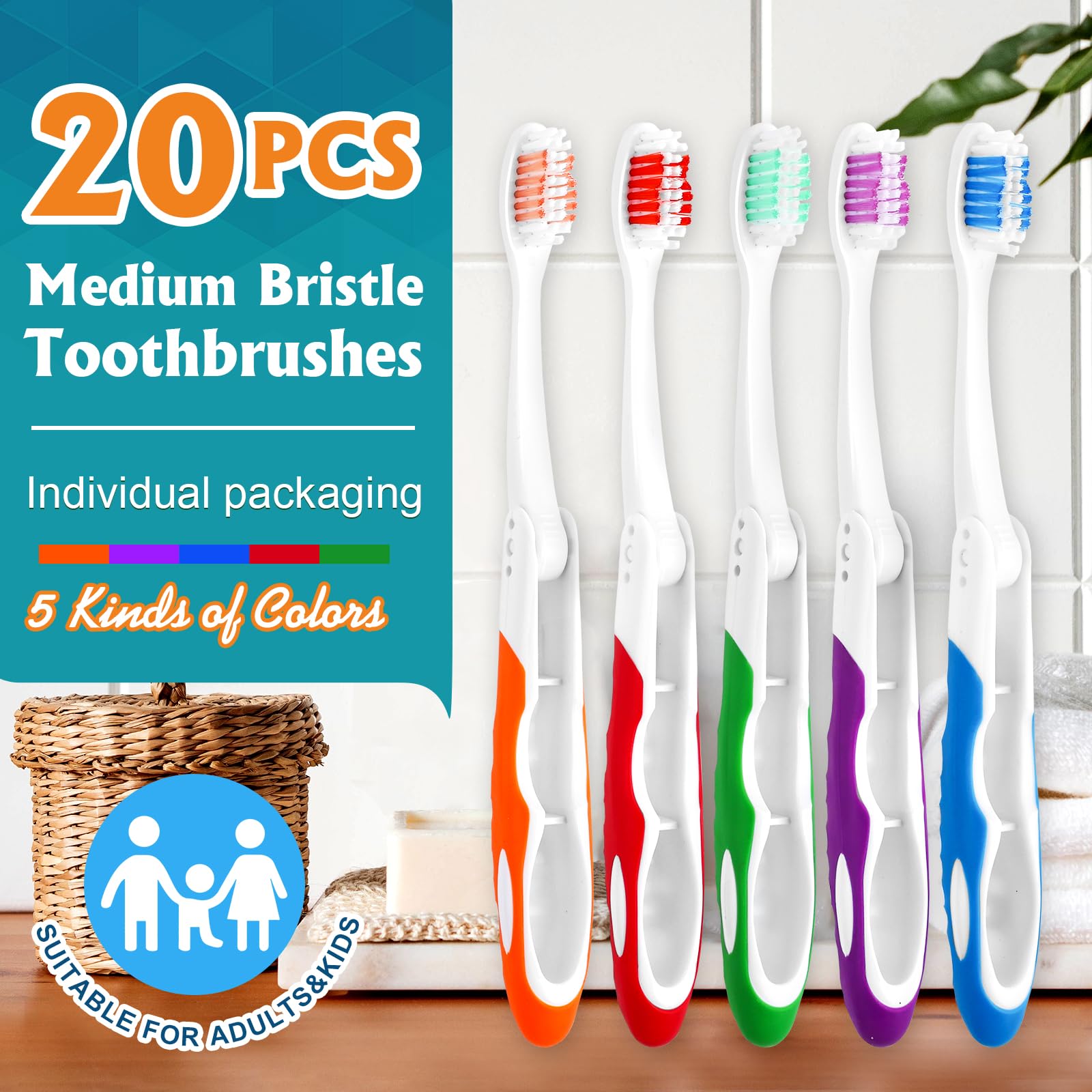 20 Pack Travel Toothbrush Set - Portable Folding Mini Toothbrushes with Medium Bristles | Individually Wrapped Bulk Toothbrushes for Camping, Hiking, School, Travel & Emergency Kits