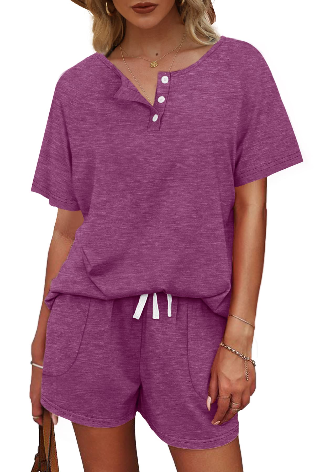 WIHOLL Women's 2-Piece Lounge Set - Button Down Top & Shorts with Pockets | Comfortable Sweatsuit for Home, Travel & Casual Wear