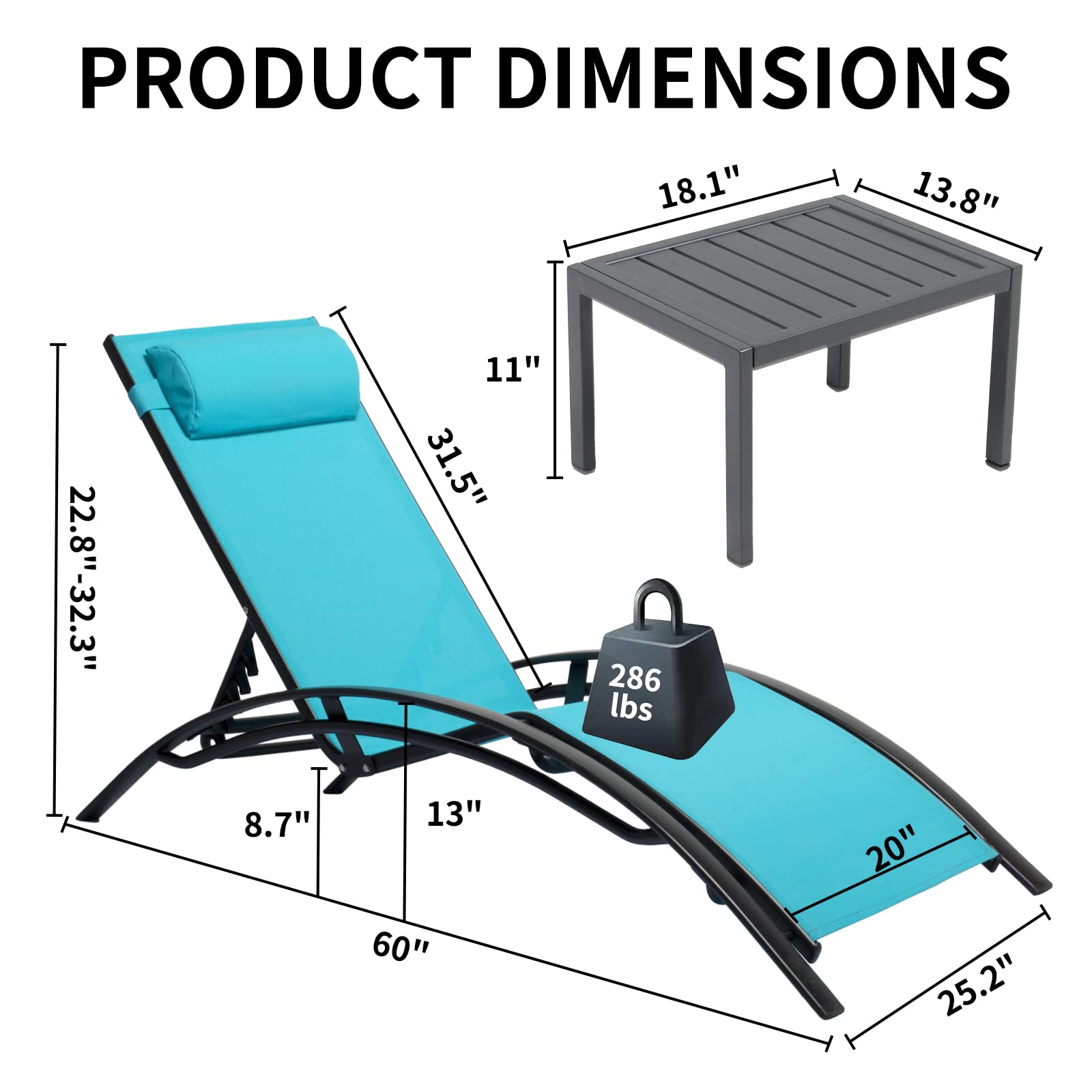 3-Piece Patio Chaise Lounge Chair Set - Aluminum Outdoor Reclining Sun Lounger with Adjustable Headrest & Side Table - Perfect for Poolside, Beach, Garden & Lawn Relaxation (Blue) - Ideal for Sunbathing, Tanning & Outdoor Lounging