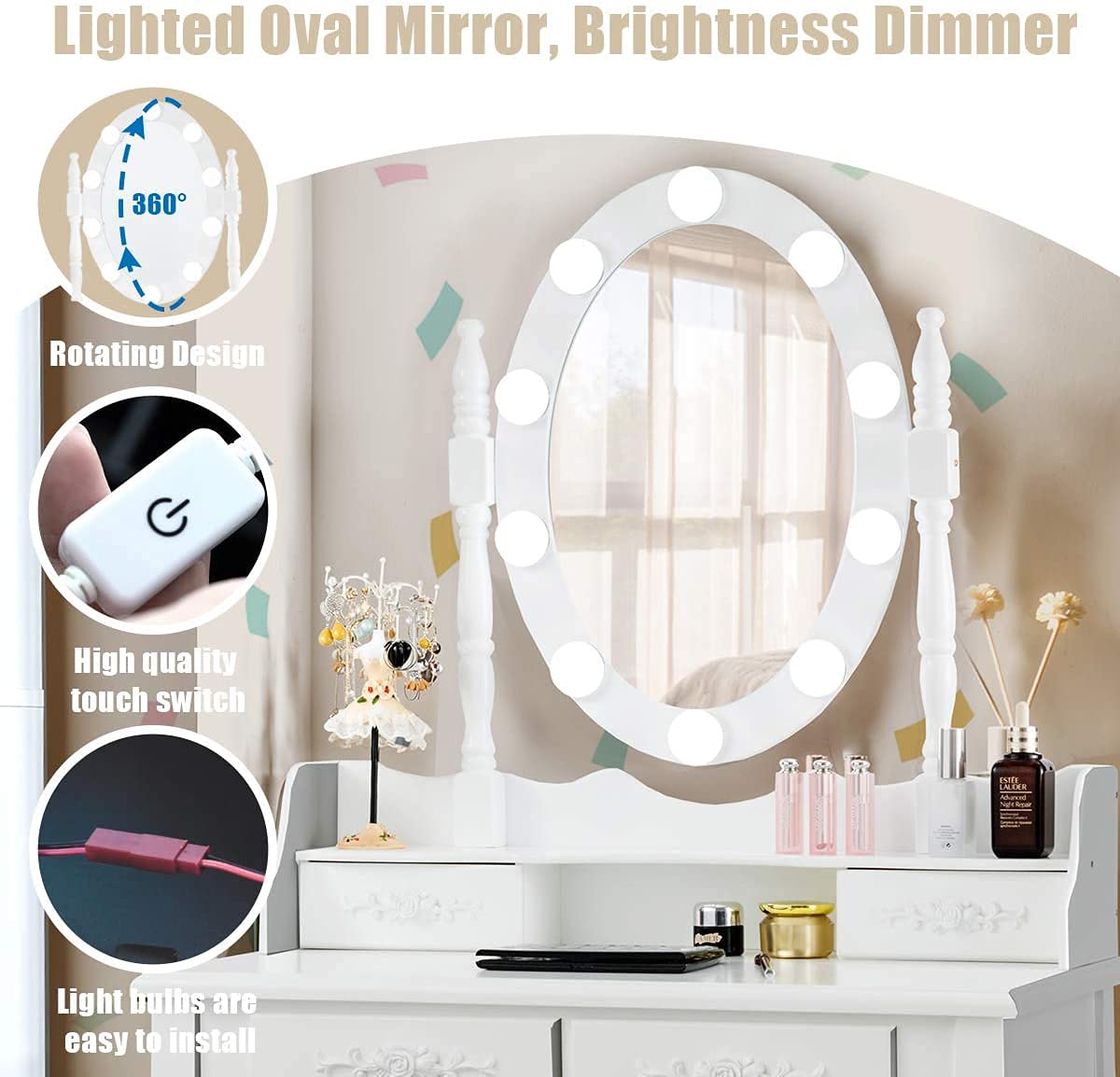LDAILY Vanity Table Set with Lighted Mirror - 10 LED Lights, 4 Drawers & Oval Dressing Desk with Cushioned Stool for Women & Girls (White/Black/Dark Brown) | Perfect for Bedroom Makeup, Skincare & Hair Styling