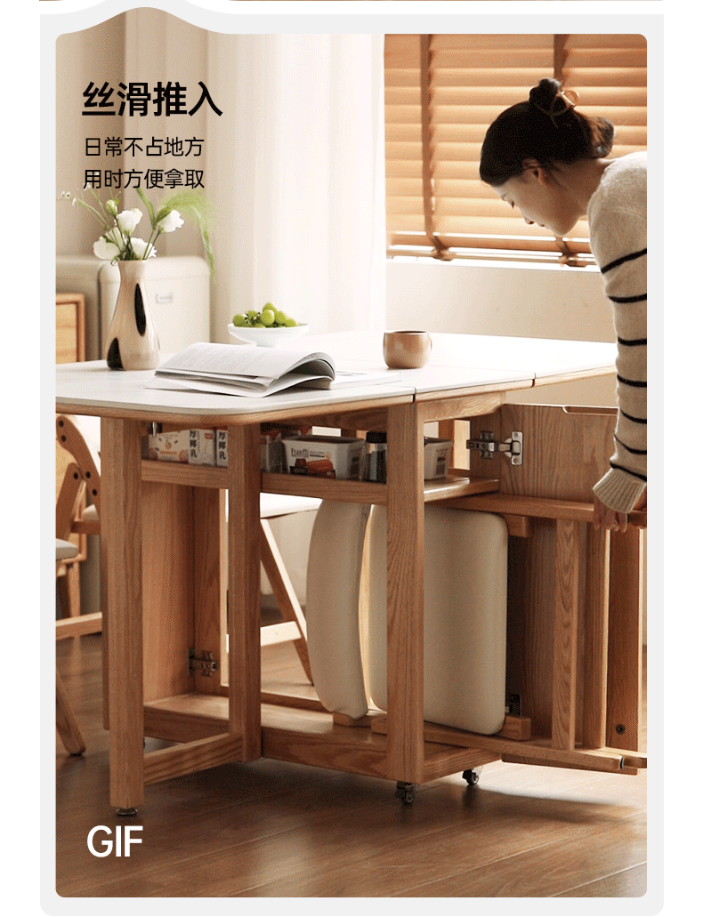 Solid Oak Wood Modern Rock Slab Folding Dining Table - Extendable Space-Saving Design for Small Apartments, Kitchens & Outdoor Dining
