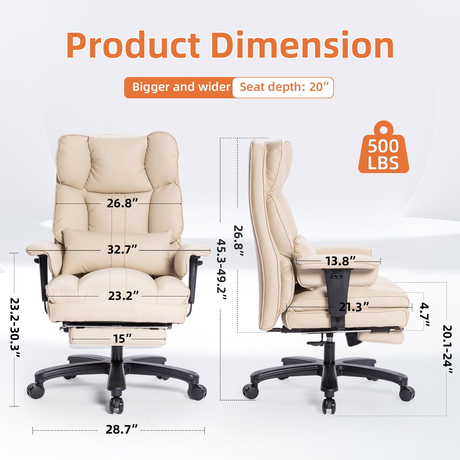 Big and Tall Office Chair 500lbs Capacity - Wide Seat Executive Desk Chair with High Back, Footrest & Ergonomic Lumbar Support - Leather Computer Gaming Chair for Heavy People - Perfect for Home Office, Gaming Setup and Professional Workspaces