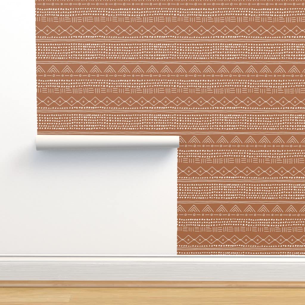 Peel & Stick Wallpaper 12ft x 2ft - Bohemian Abstract Mudcloth Design in Copper Brown | Removable Self-Adhesive Wallpaper for Bedroom, Living Room & Office Decor | Ethnic Pattern Home Decor by Spoonflower