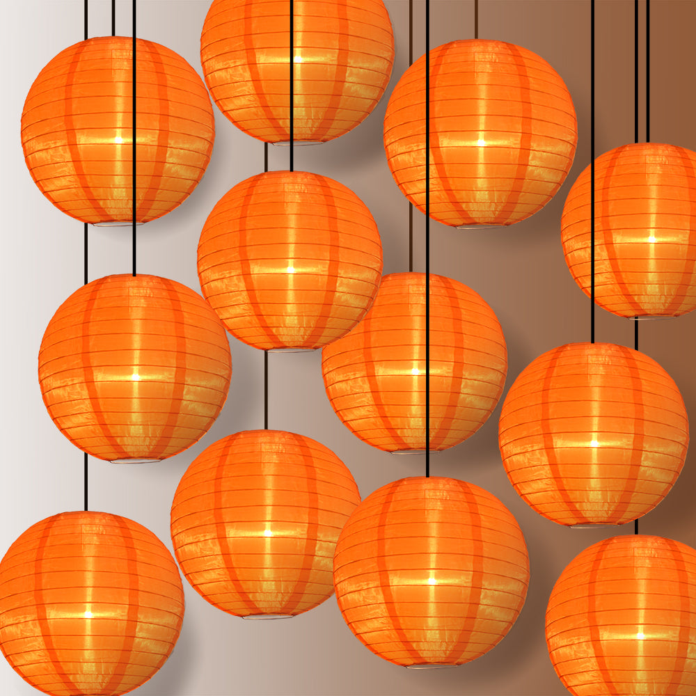 12 Pack Orange Shimmering Nylon Lanterns - 14 Inch Even Ribbing, Durable Hanging Decorations for Parties, Weddings & Outdoor Events
