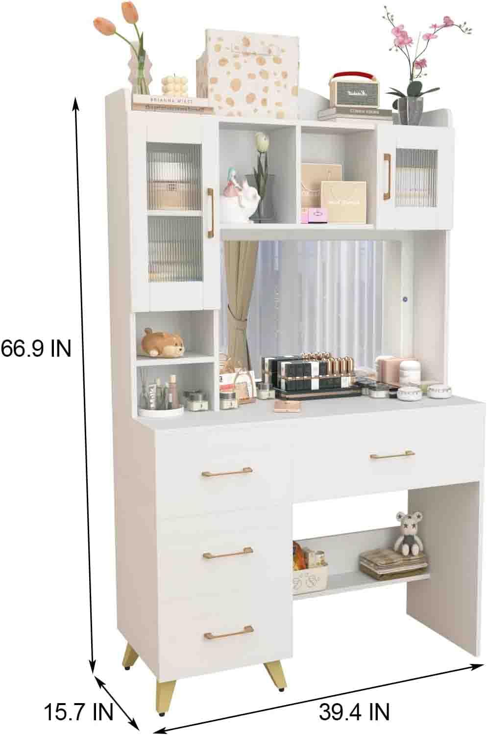 Modern White Vanity Desk with Large Lighted Mirror & Storage - 66.9
