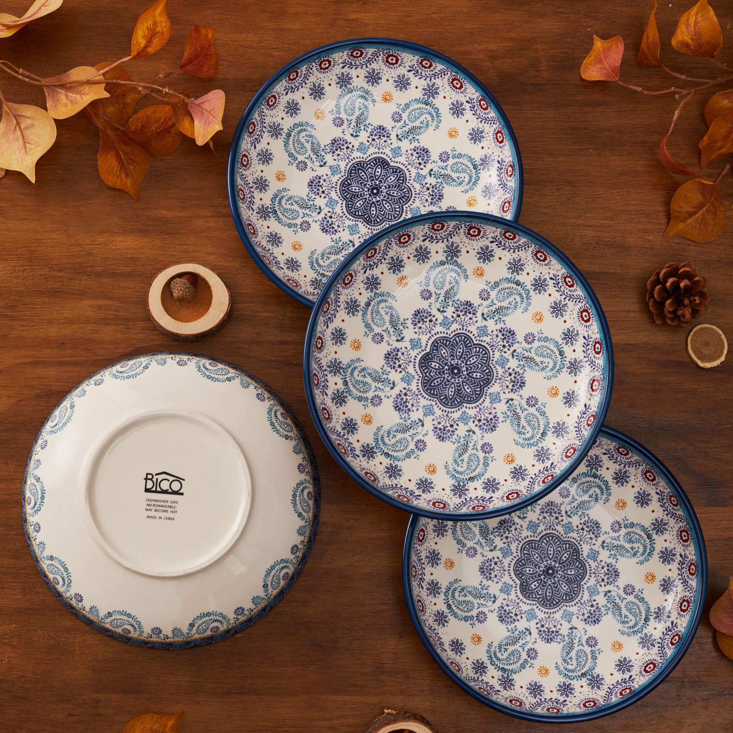 Bico Blue Talavera 35oz Dinner Bowls - Set of 4 Ceramic Bowls for Pasta, Salad, Cereal & Soup - Microwave & Dishwasher Safe - Perfect for Family Dinners, Parties & Everyday Use