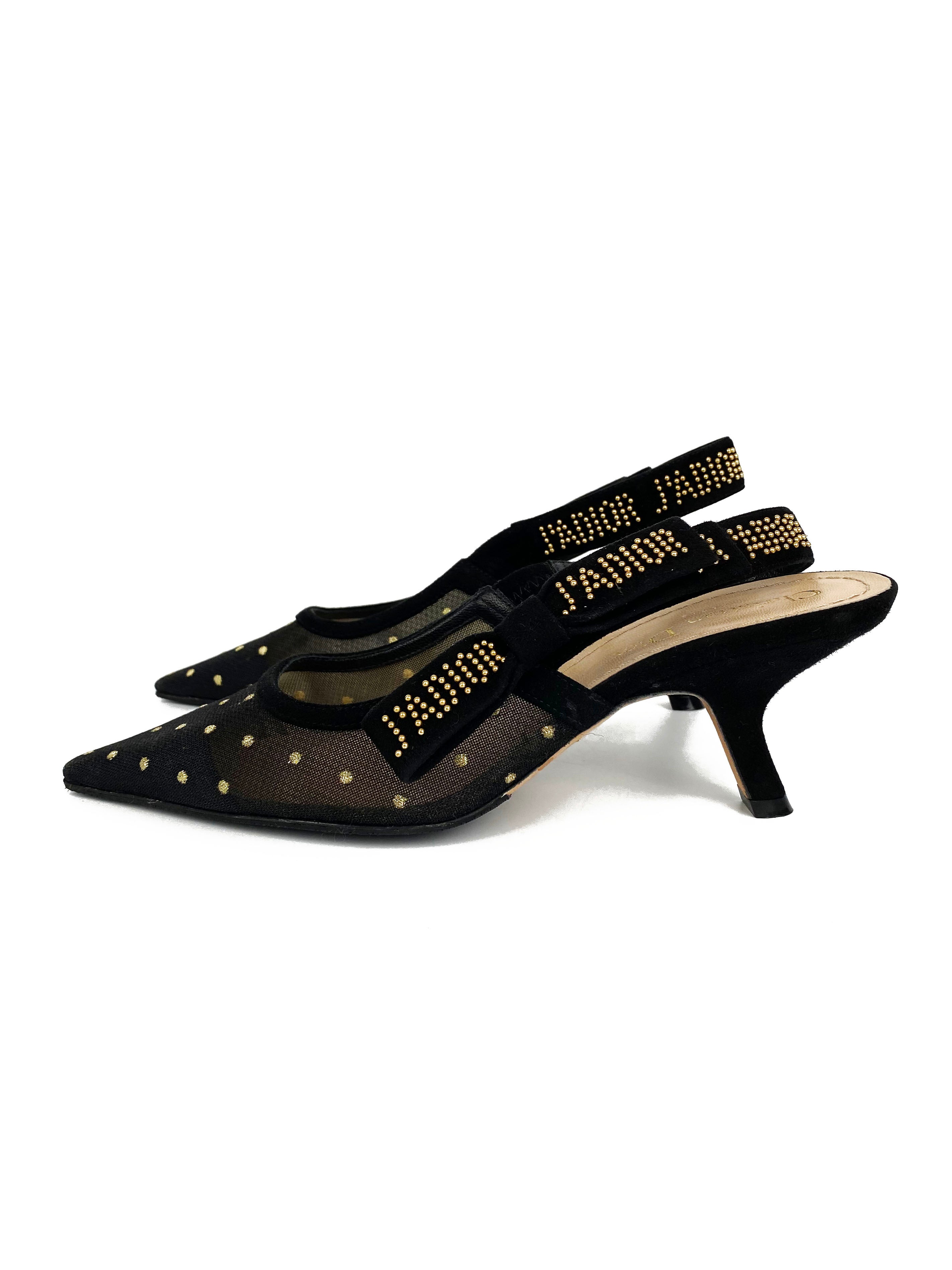 Christian Dior Black & Gold Plumetis Slingback Heels Size 37 | Luxury Women's Designer Shoes for Weddings, Parties & Special Occasions