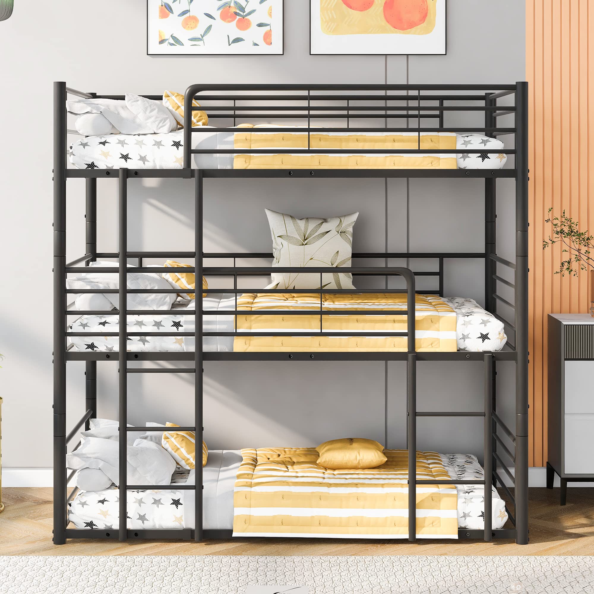 JULYFOX Black Metal Triple Bunk Bed Frame - Twin Over Twin Over Twin with Ladders, No Box Spring Needed, 3-in-1 Space Saving Platform Bed for Kids | Perfect for Small Bedrooms, Dormitories & Vacation Homes