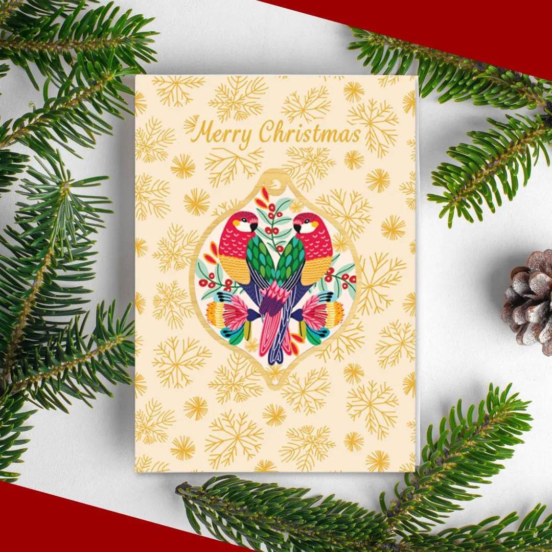Rosella Birds Christmas Card & Wooden Ornament - Festive Holiday Greeting Card with Handcrafted Wooden Bauble for Tree Decorations and Gift Giving