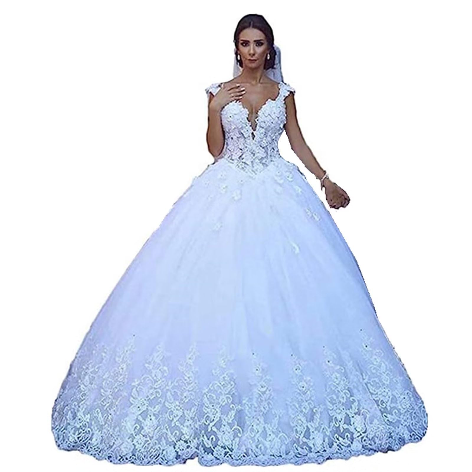 Elegant V-Neck Beaded Lace Tulle Wedding Dress for Bride - Ball Gown Bridal Gown for Women | Perfect for Church Ceremony, Beach Wedding & Formal Reception
