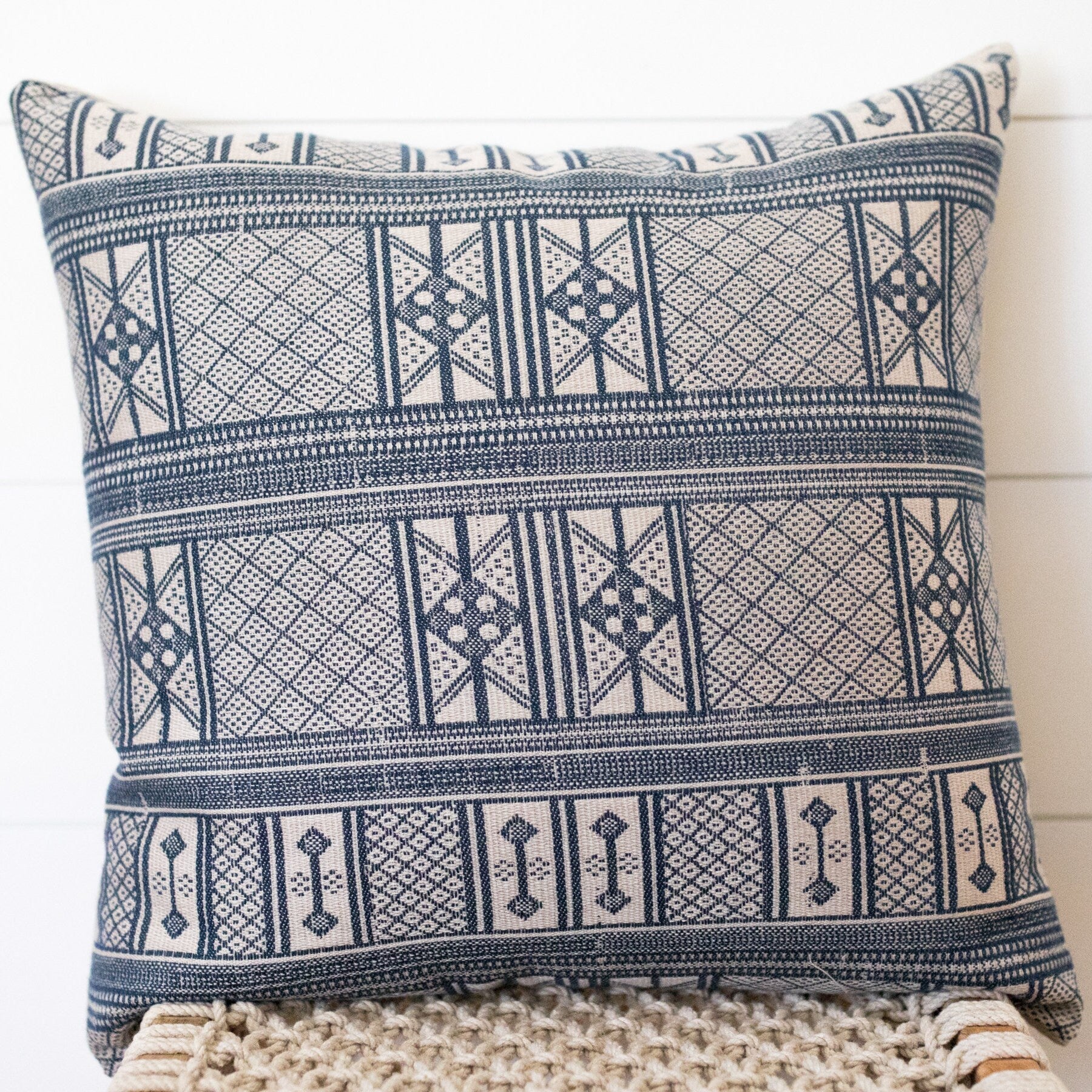 Designer Peter Dunham Indoor/Outdoor Woven Masai Throw Pillow in Indigo Blue - Perfect for Sofa, Bed & Patio Decor