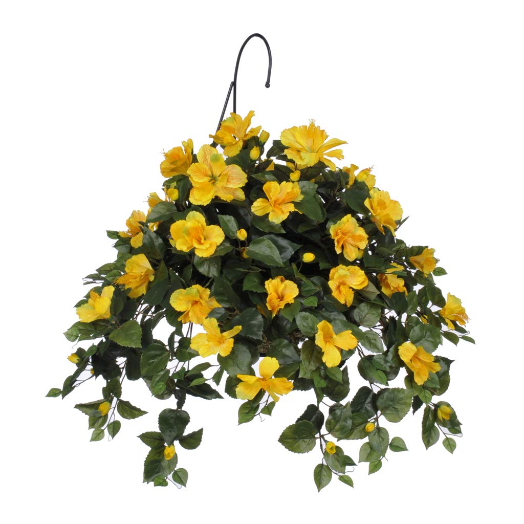Artificial Yellow Hibiscus Silk Flowers in Natural Water Hyacinth Hanging Basket - Perfect for Porch Decor, Patio Hanging Plants, and Tropical Home Décor
