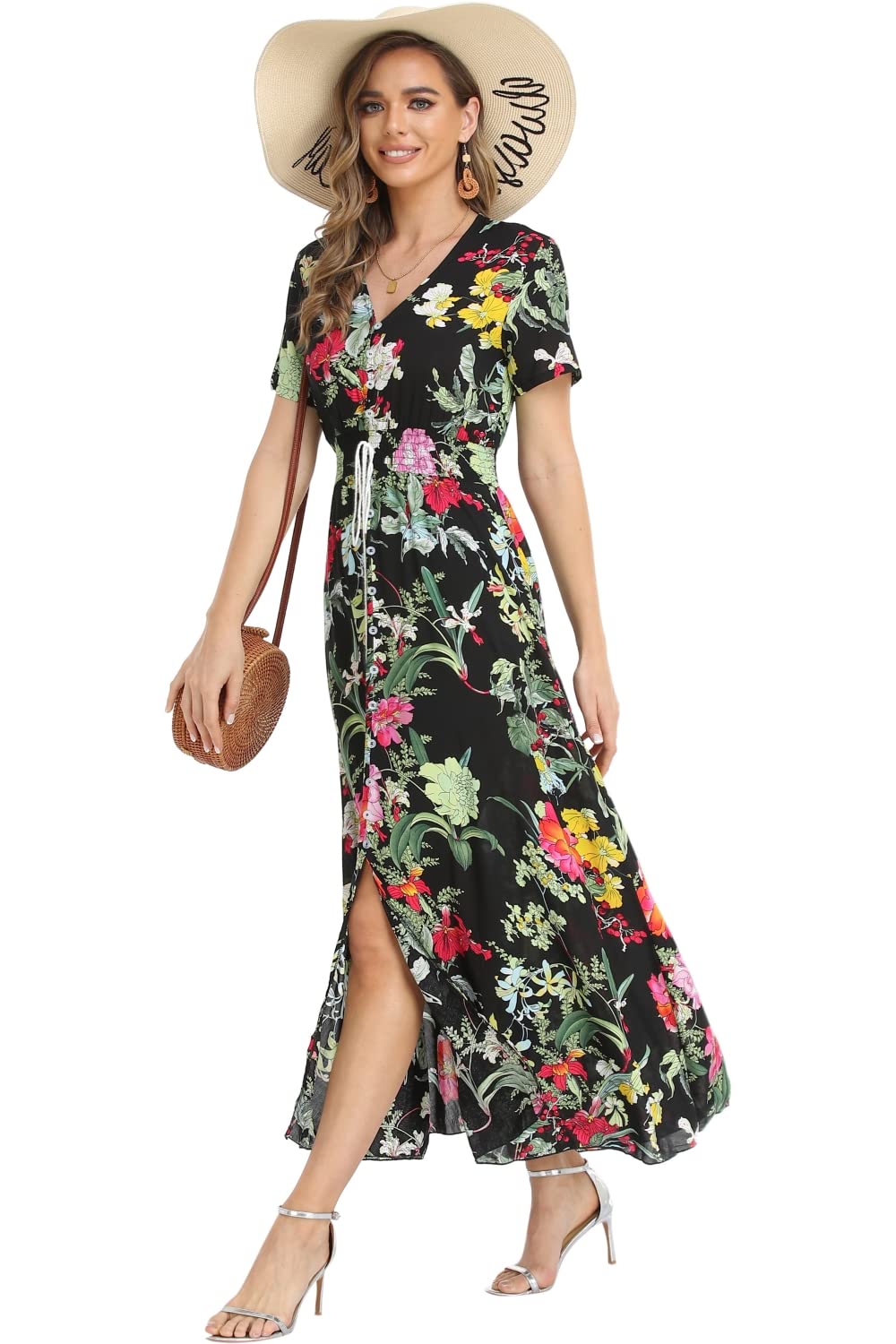 Boho Floral Maxi Dress for Women - Summer Button Up Beach Dress with Side Slit & Flowy Skirt | Perfect for Beach Vacations, Music Festivals & Boho Chic Outfits