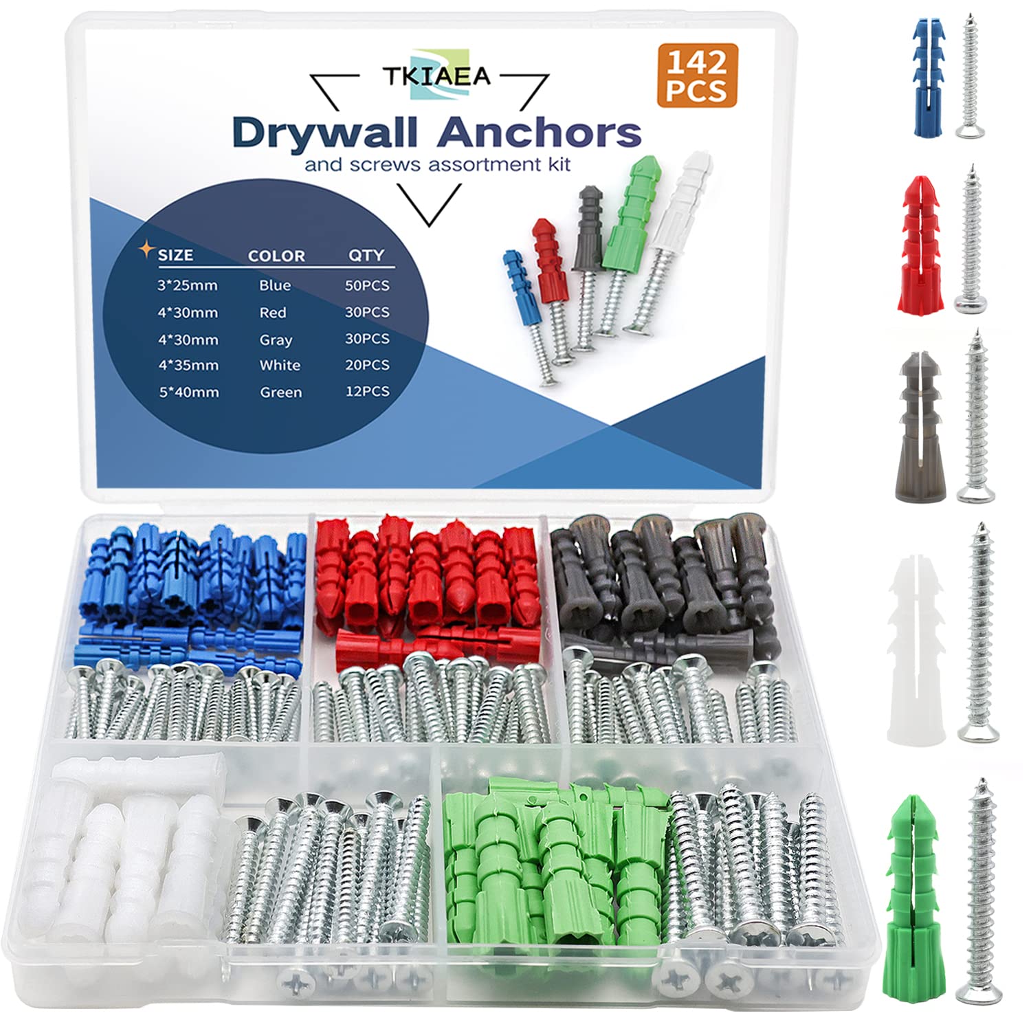 142Pcs Drywall Anchors and Screws Kit - 5 Sizes Heavy Duty Wall Anchors for Hanging Pictures, Shelves & Mirrors - Perfect for Home, Office & DIY Projects