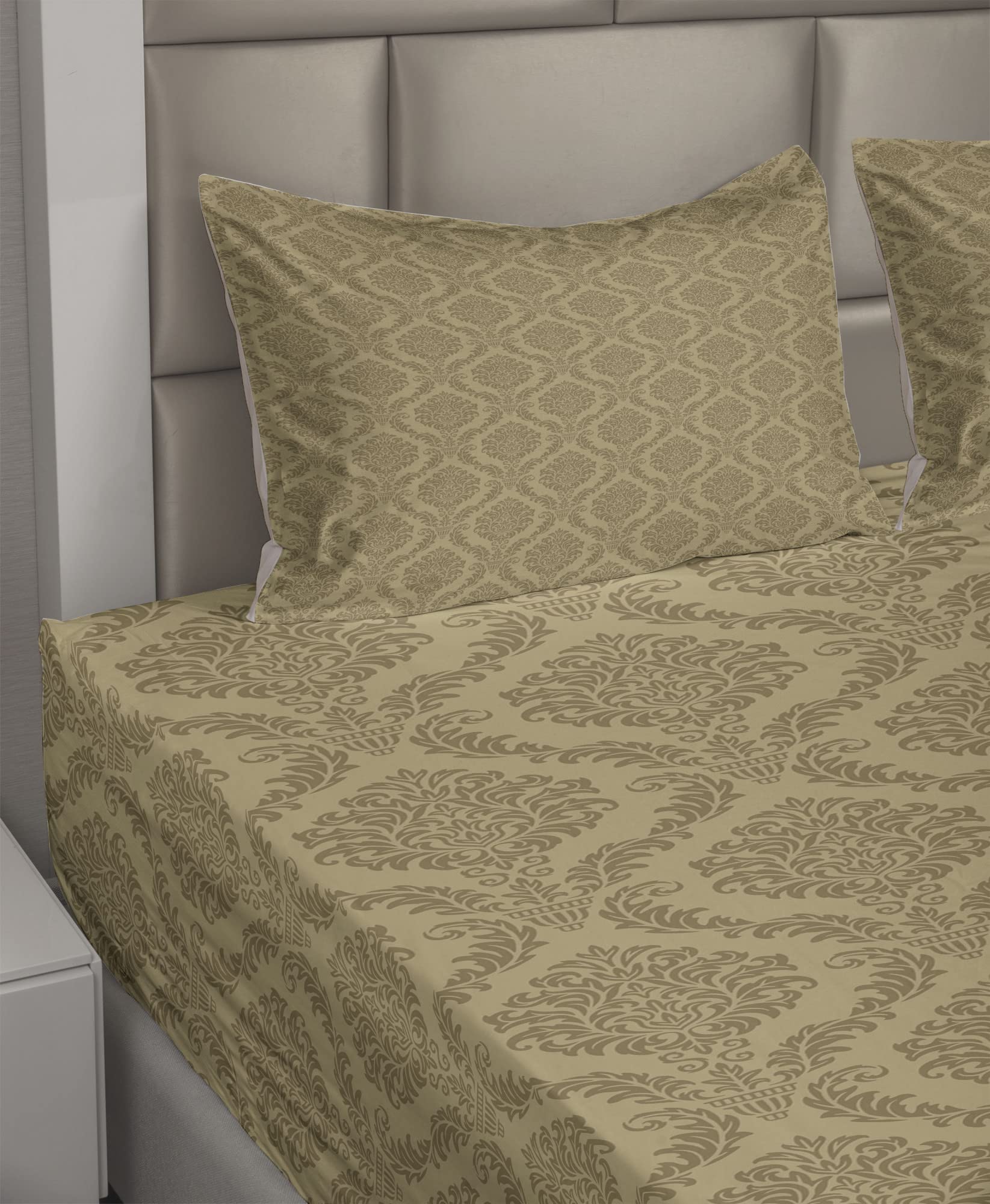 Ambesonne Damask King Sheet Set - 4 Piece Bedding with Floral Print, Soft Khaki & Symmetrical Design | Fitted & Flat Sheets + Pillowcases | Perfect for Master Bedroom, Guest Room & Luxury Hotel Decor