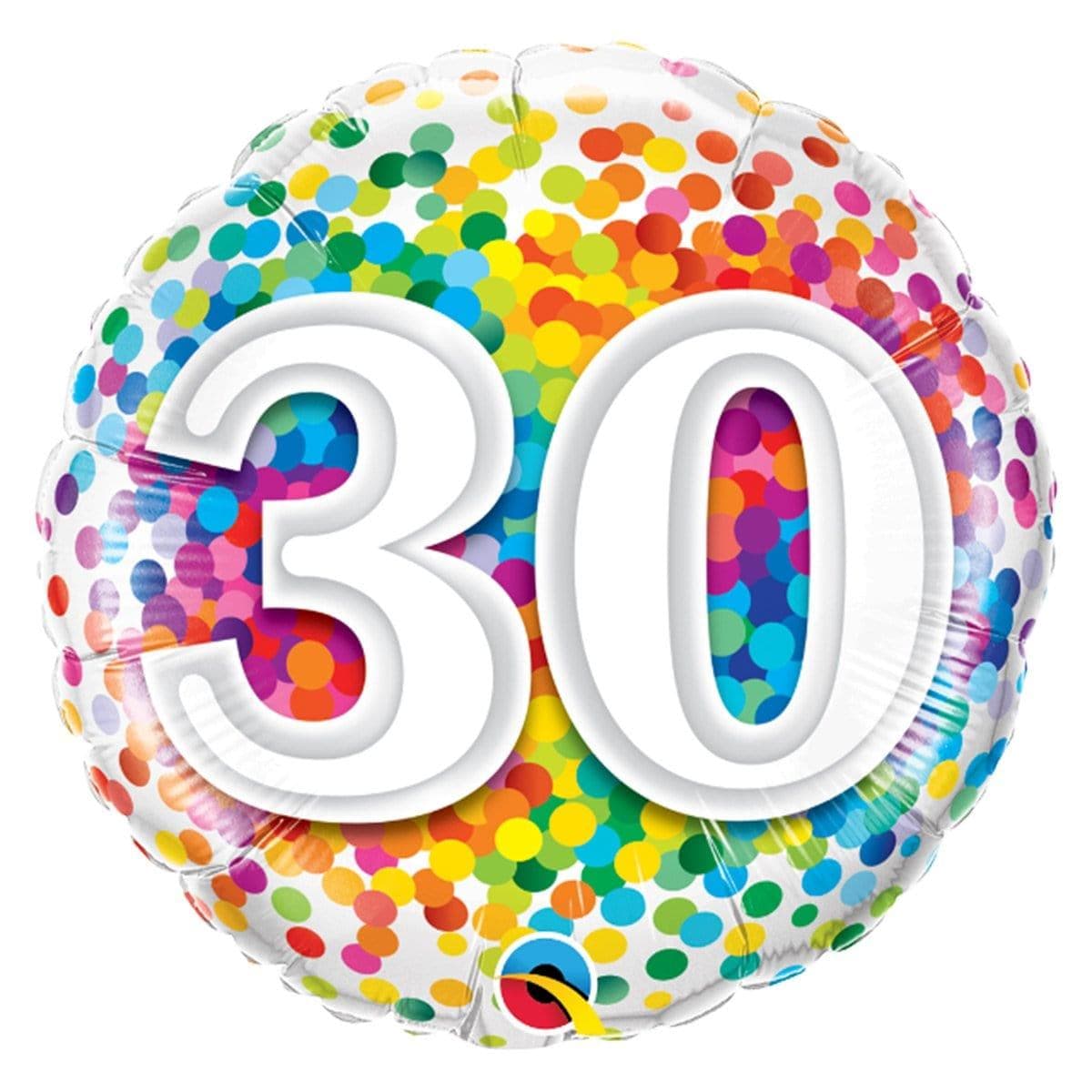 30th Birthday Rainbow Confetti Foil Balloon - 18 Inch Large Party Decoration for Birthdays, Anniversaries & Celebrations