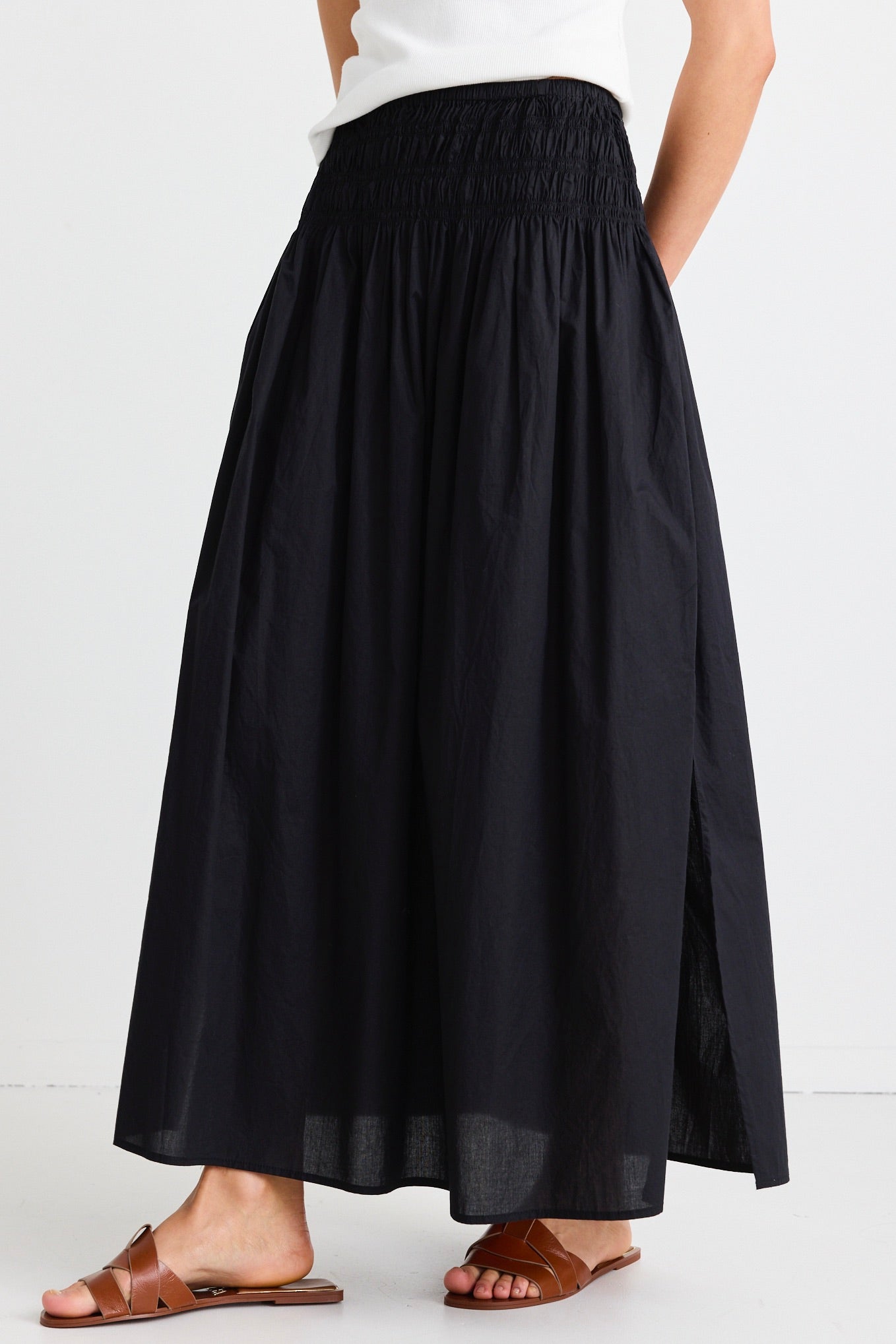 Finch Black Cotton Shirred Waist Maxi Skirt for Women - Flowy Summer Beach Dress with Elastic High Waist - Perfect for Vacation, Date Night & Boho Outfits