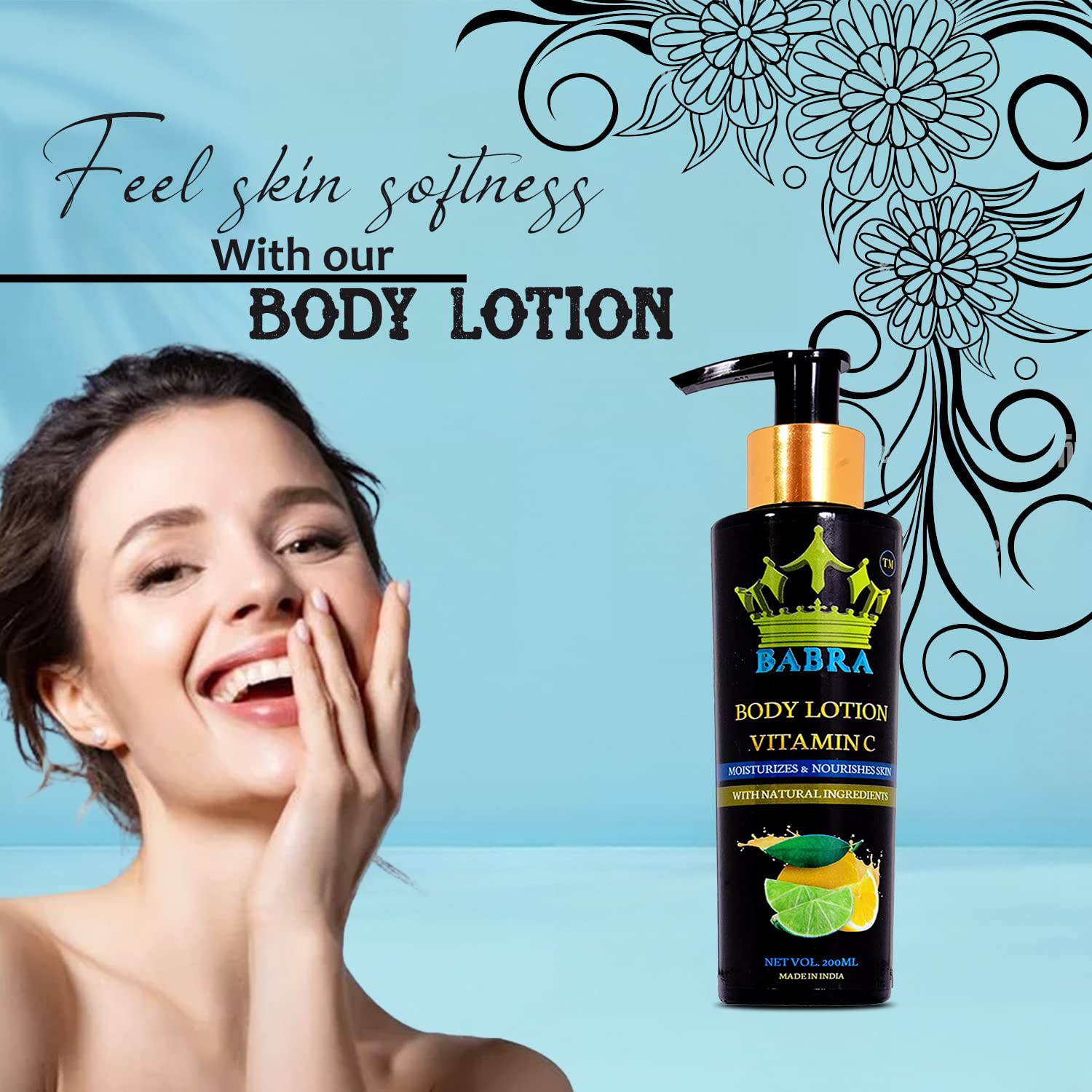 Babra Vitamin C Body Lotion for Men & Women - 100% Natural Moisturizer for Dry & Normal Skin | Deep Hydration & 72h Moisture Lock | Brightens & Nourishes for Healthy Glow | 200ml - Perfect for Daily Skincare Routine, Post-Workout Recovery & Winter Dryness Relief
